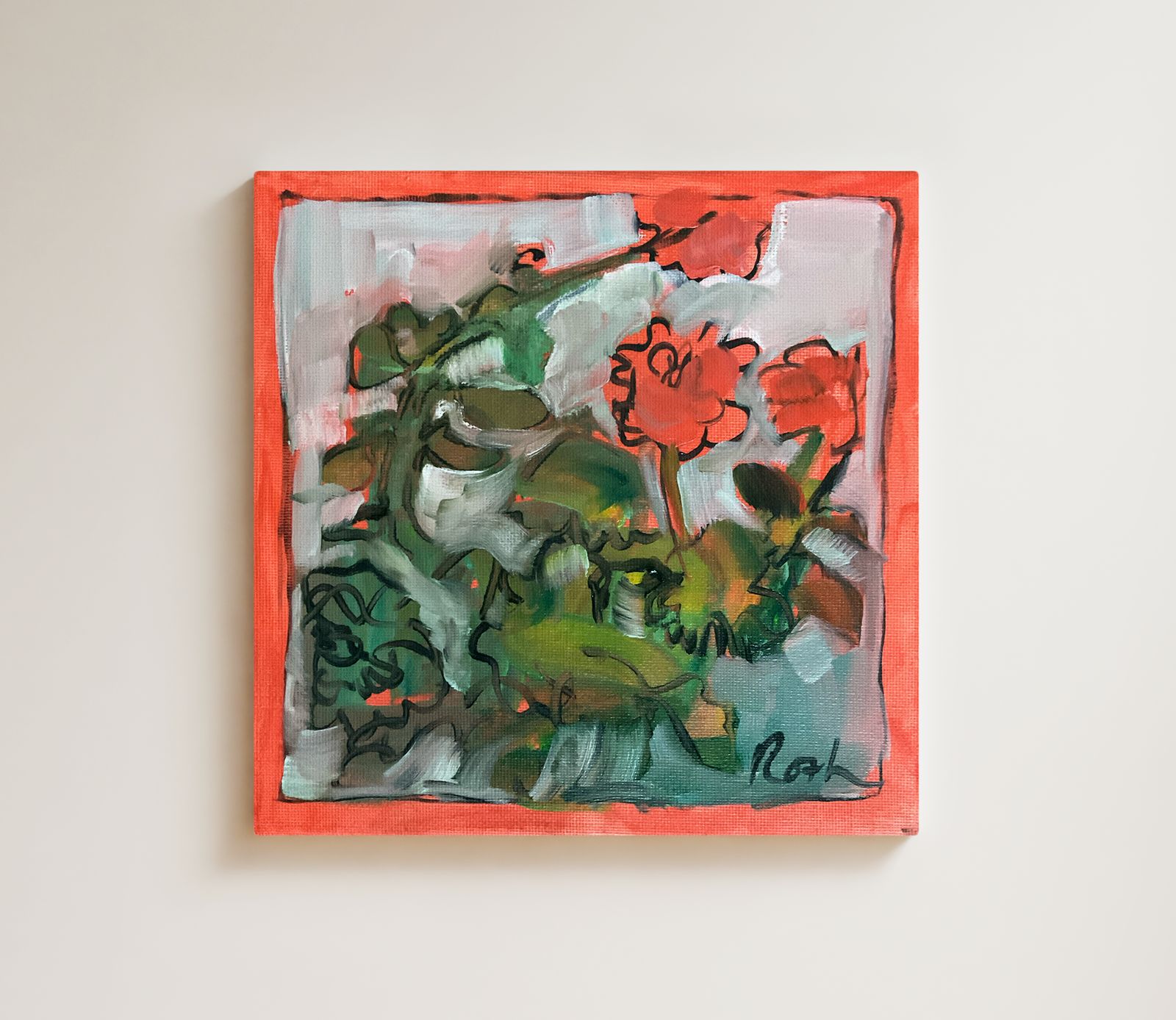 Original Oil Painting Red Pink Flowers Signed Roth 8 X 8 Inch Art