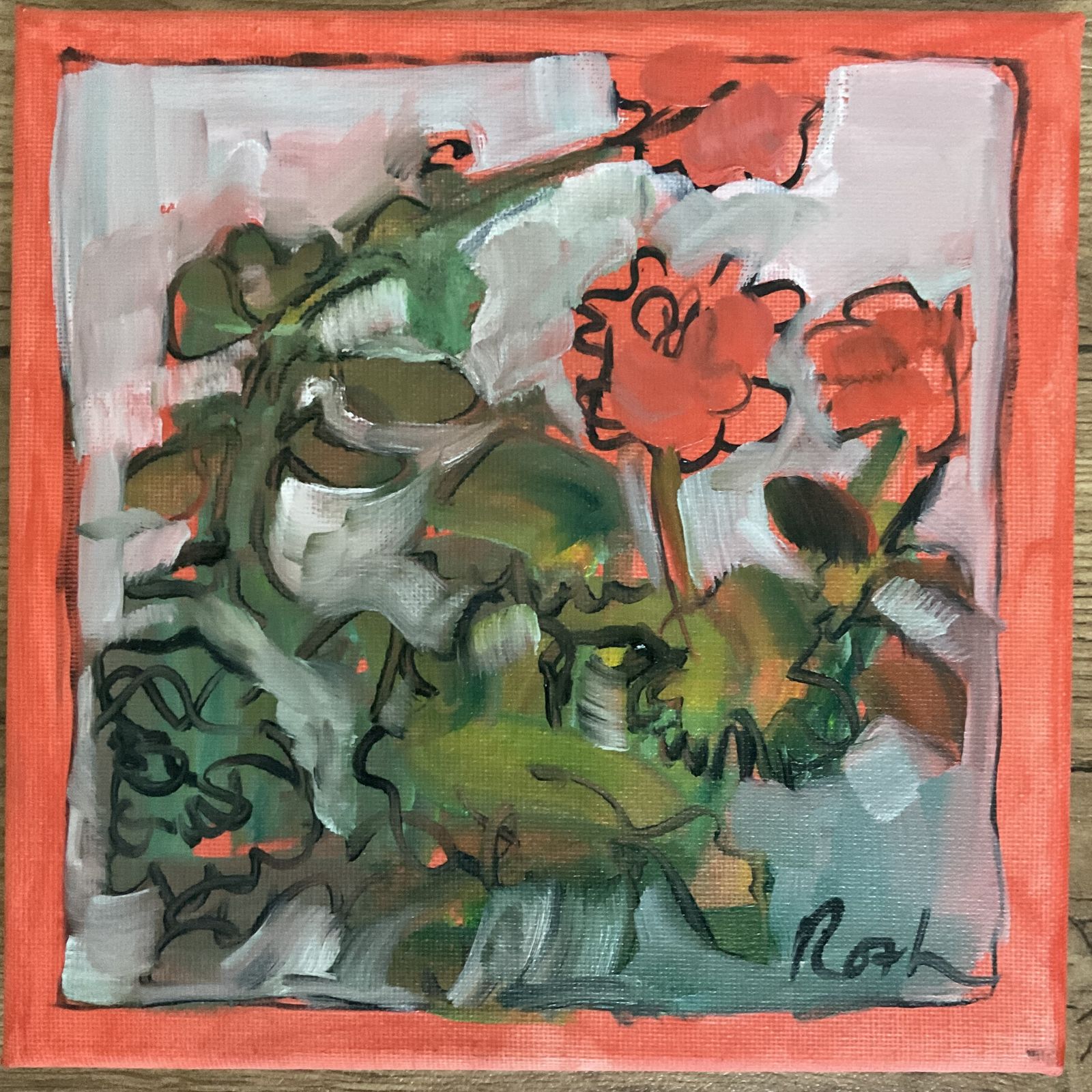 Original Oil Painting Red Pink Flowers Signed Roth 8 X 8 Inch Art photo for sale