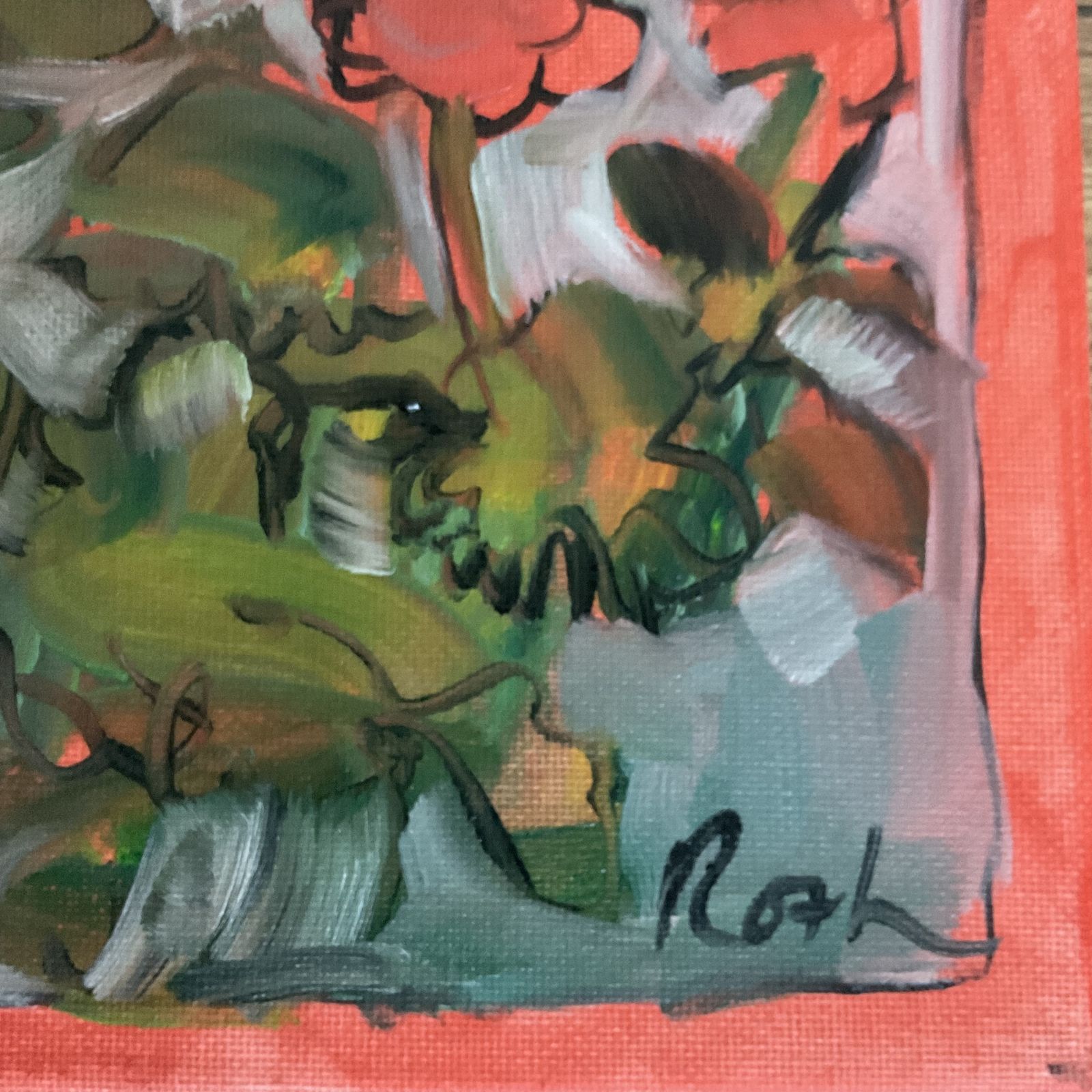 Original Oil Painting Red Pink Flowers Signed Roth 8 X 8 Inch Art photo 600.0