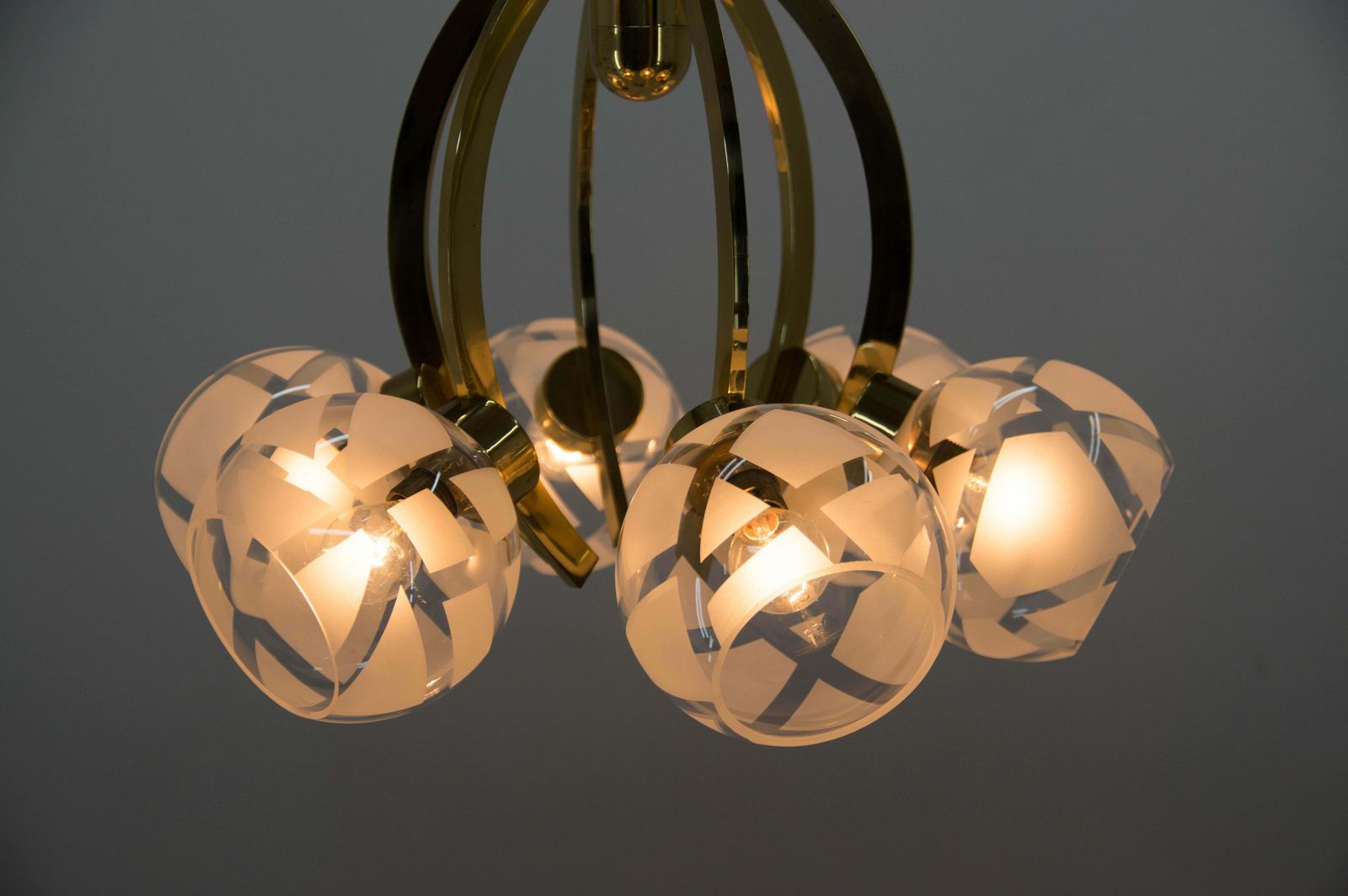 Brass And Glass 6 Flamming Chandelier, 1980s photo for sale