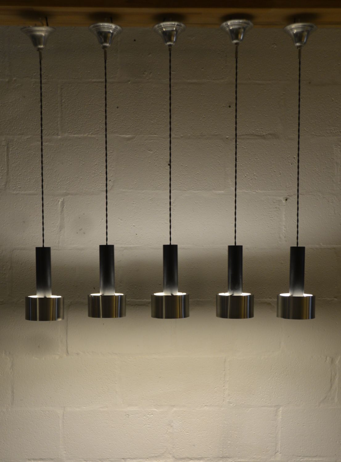Set Of 5 Midcentury Dutch Pendant Hanging Lights By Nico Kooy For Raak Amsterdam Black Chrome photo buy