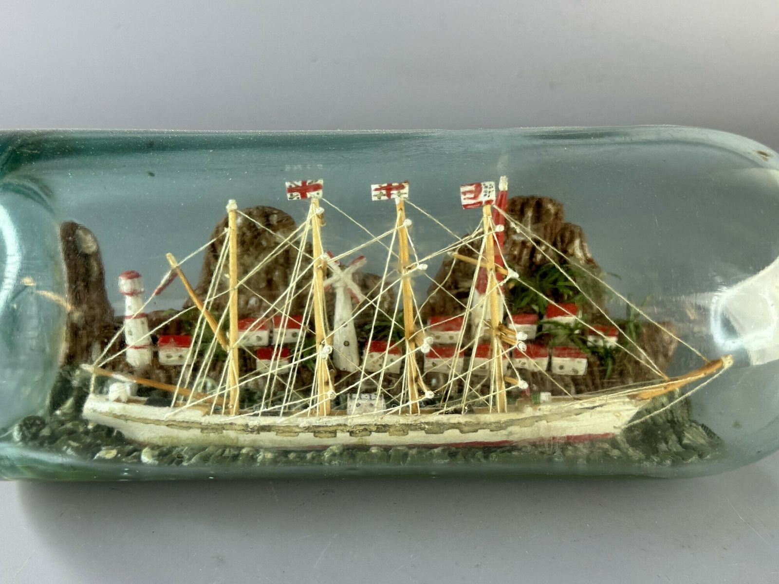 Vintage Folk Art Ship In A Bottle Of A Four Masted Sailing Vessel photo 95.0
