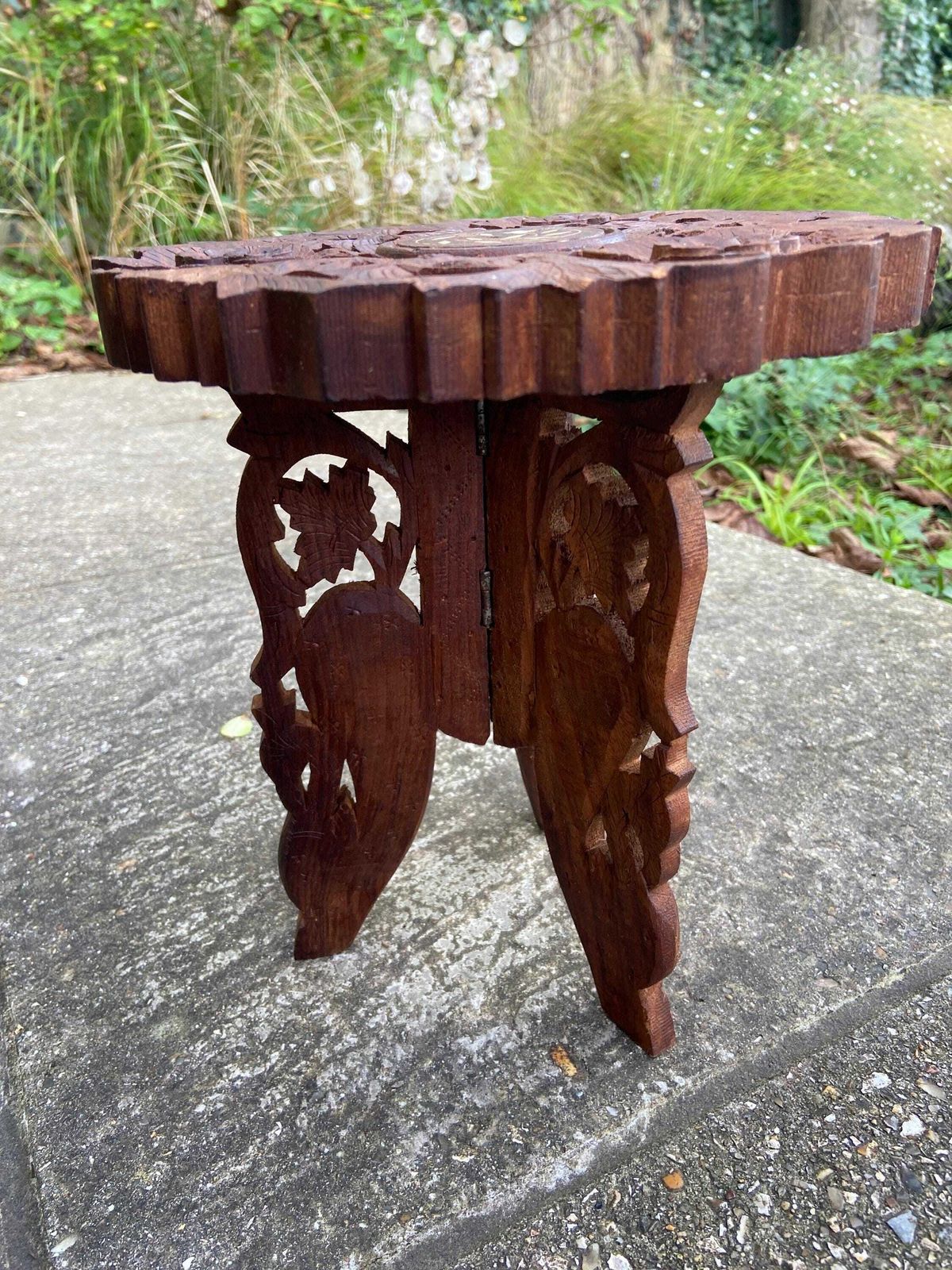 Dinky Carved Vintage Wooden Table, Folding Table, Plant Stand photo Furniture