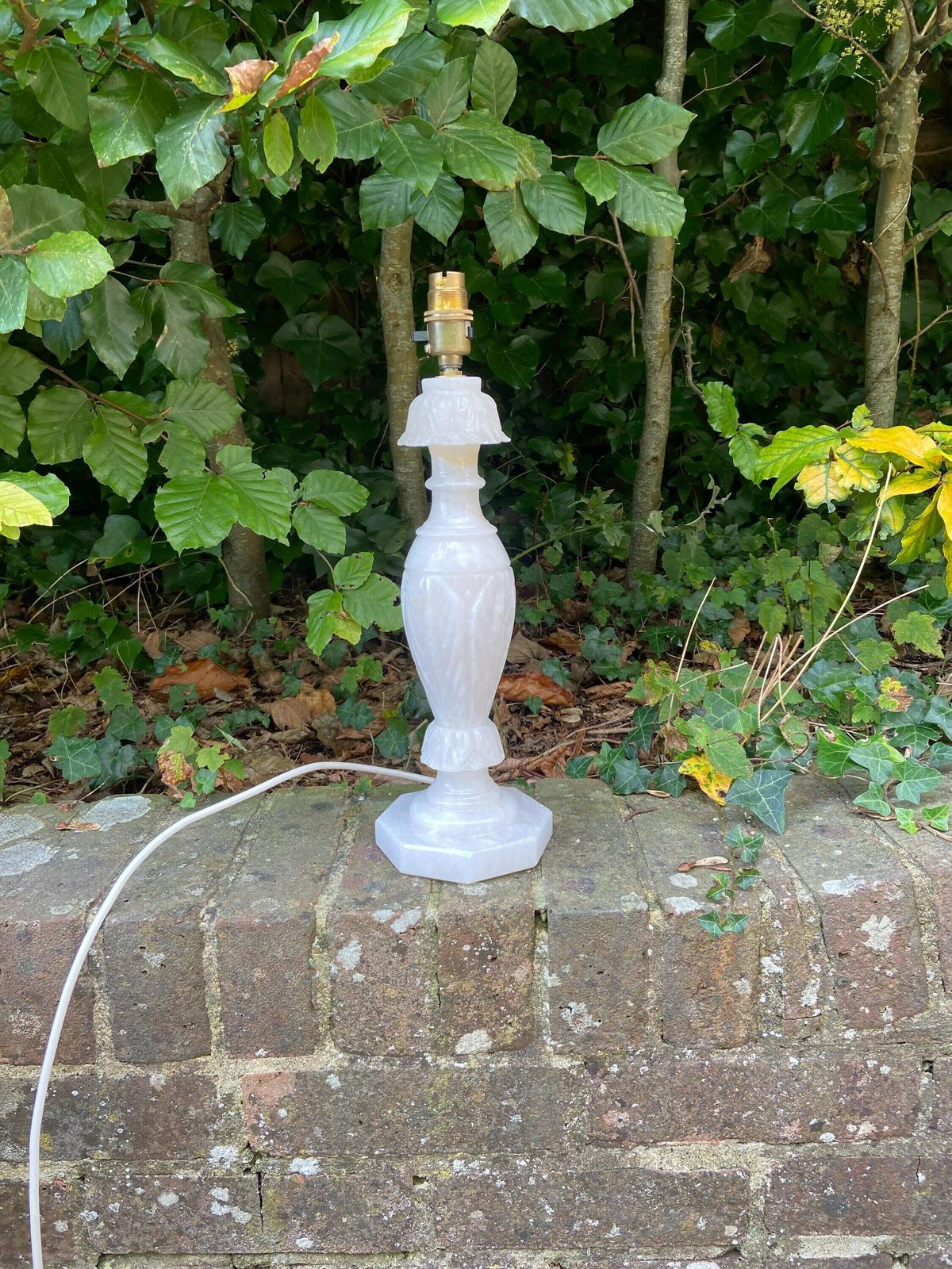 Tall Vintage Engraved Onyx Alabaster Vintage Table Lamp   White Marble Style