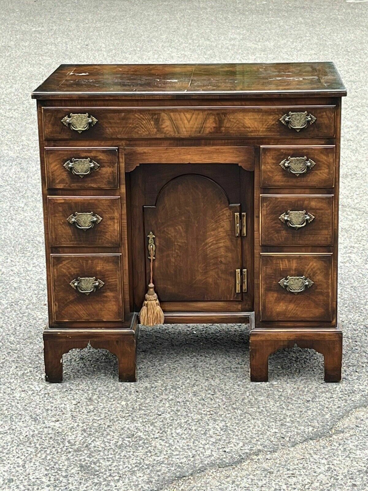 Walnut Kneehole Desk, Bracket Feet With Brass Handles. photo furniture