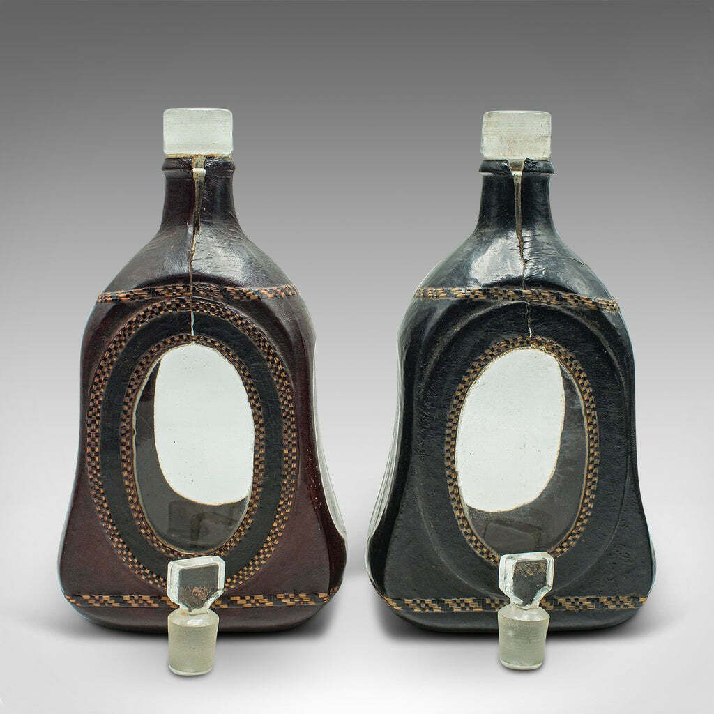 Set Of 4 Antique Spirit Bottles, English, Leather, Glass Decanter, Victorian photo 595.0