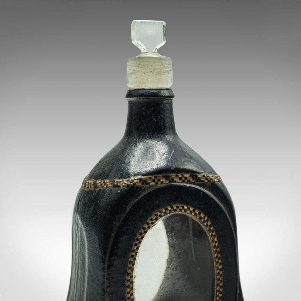 Set Of 4 Antique Spirit Bottles, English, Leather, Glass Decanter, Victorian photo vintage