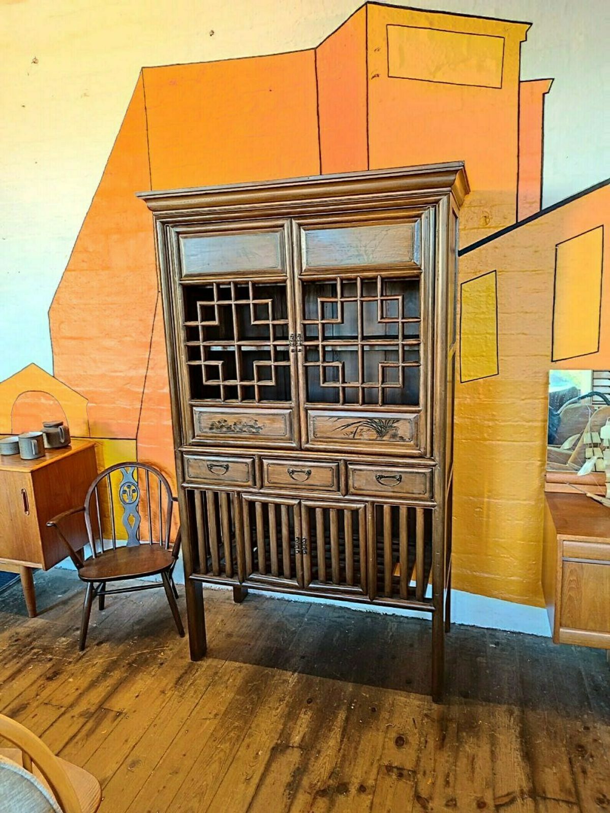 Vintage Qing Dynasty Style Elmwood Cabinet With Fretwork And Floral Motifs photo furniture