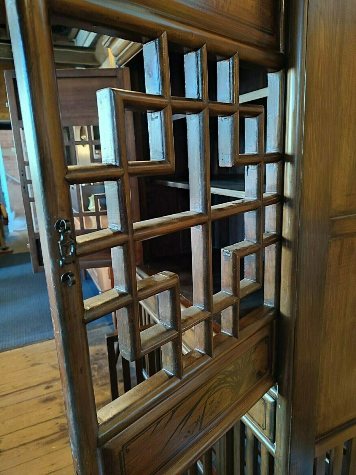 Vintage Qing Dynasty Style Elmwood Cabinet With Fretwork And Floral Motifs photo vintage