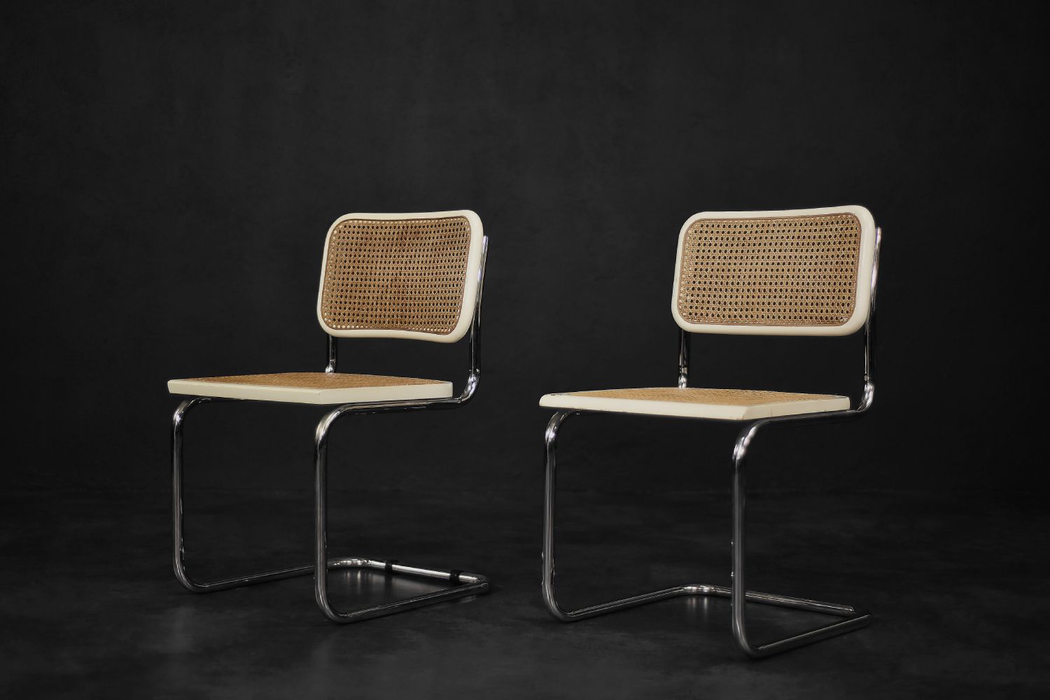 Mid Century Italian Modern White Wood & French Wicker Chairs, 1980s, Set Of 2