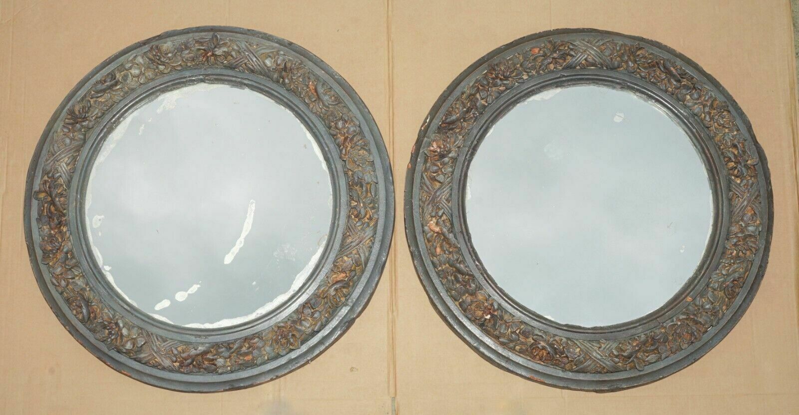 Pair Of Original Antique Foxed Glass Heavily Carved Period Paint Wall Mirrors
