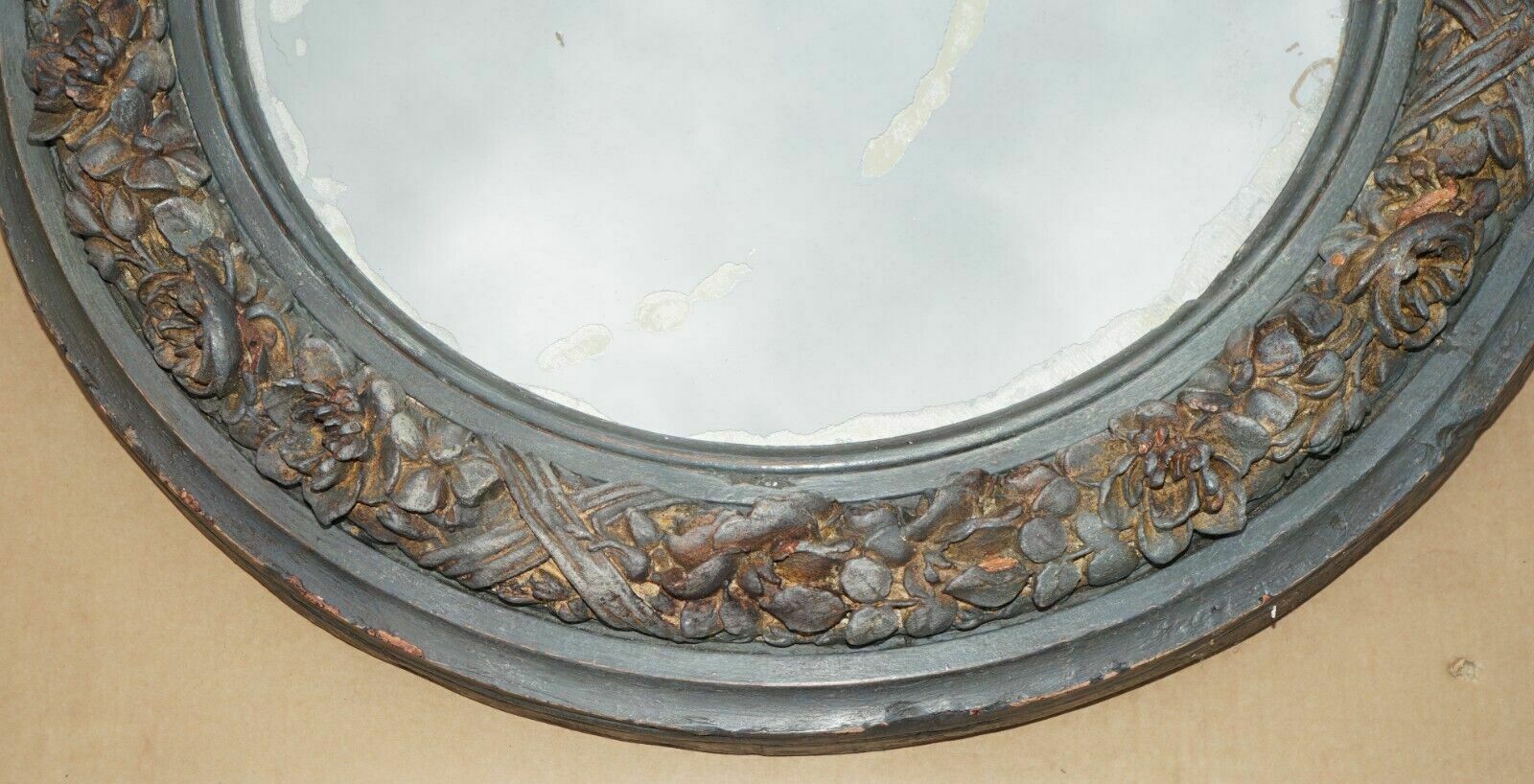 Pair Of Original Antique Foxed Glass Heavily Carved Period Paint Wall Mirrors photo for sale
