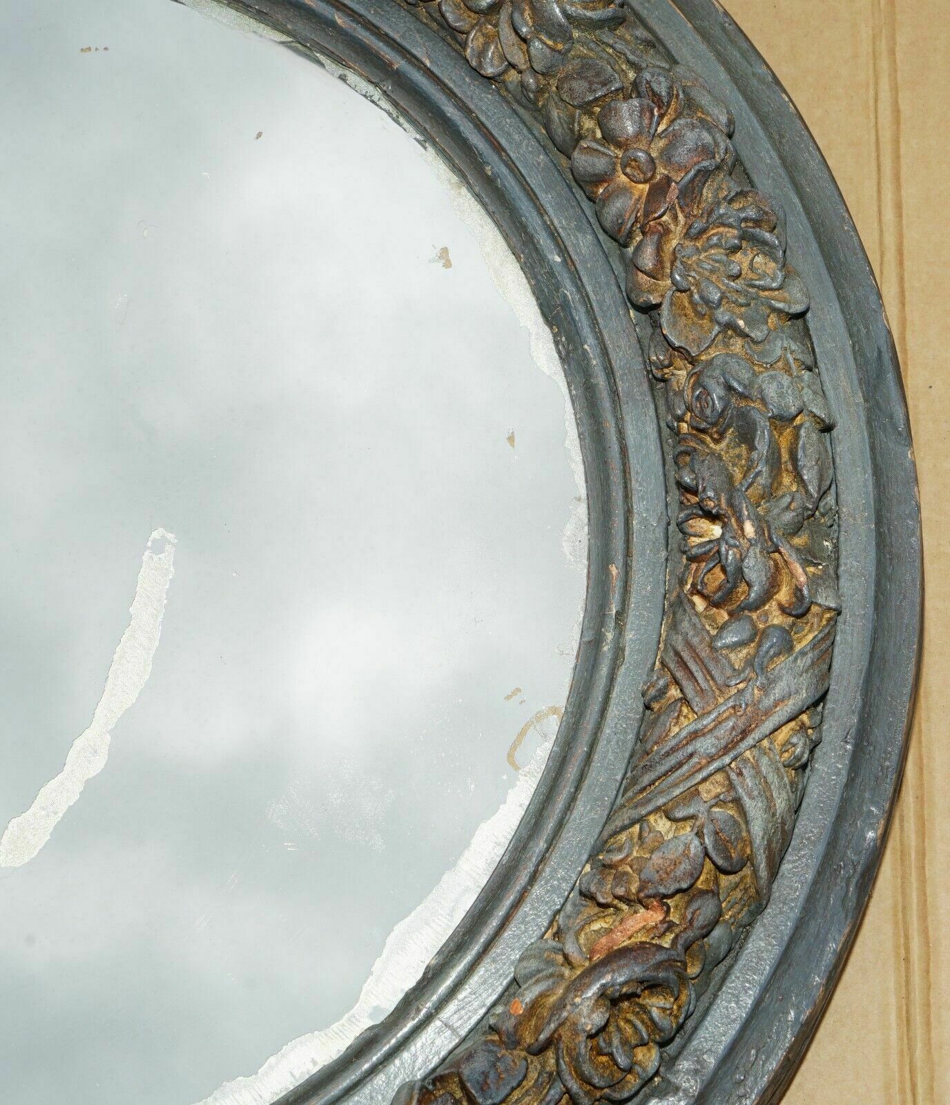 Pair Of Original Antique Foxed Glass Heavily Carved Period Paint Wall Mirrors photo Home Decor