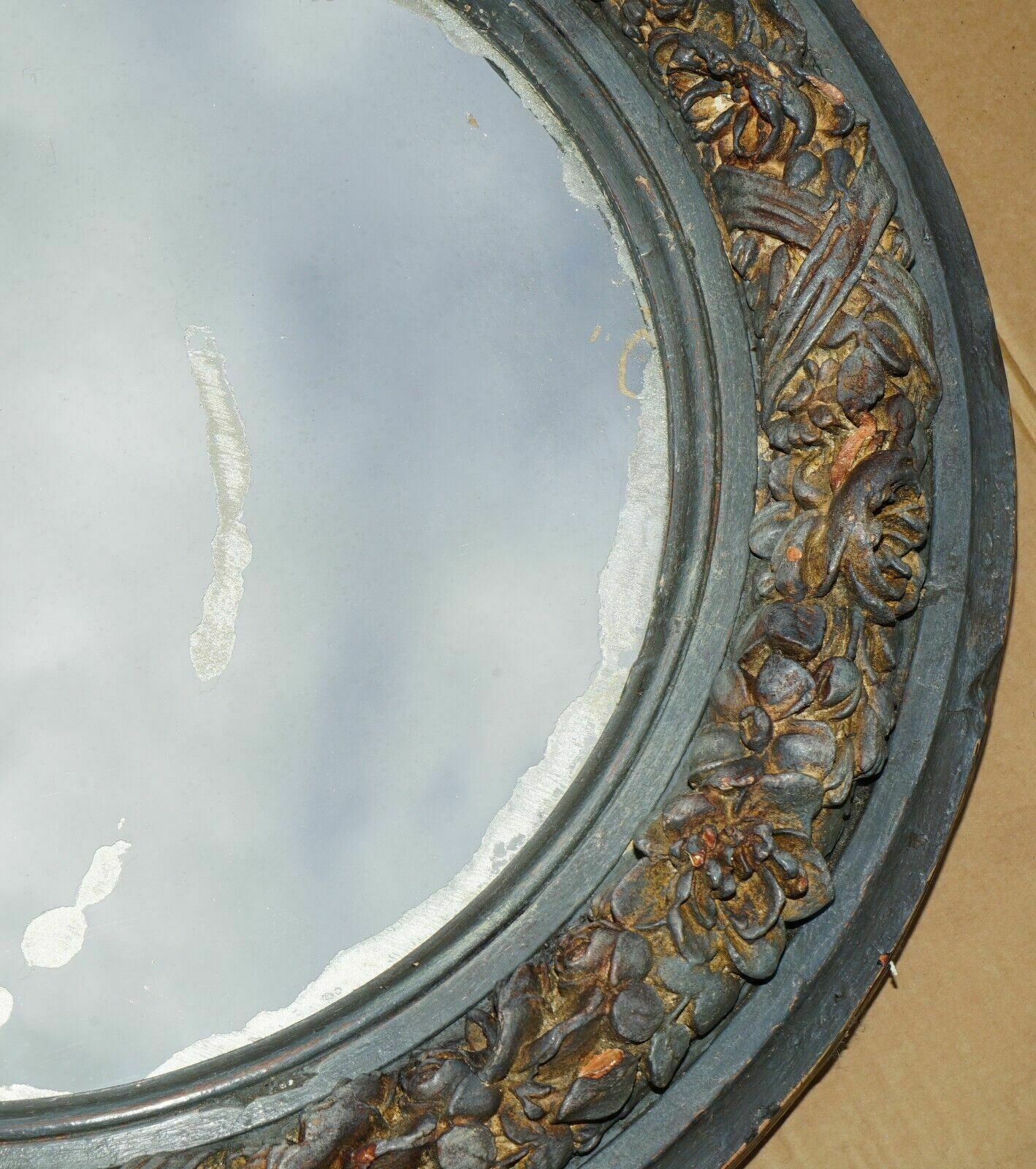 Pair Of Original Antique Foxed Glass Heavily Carved Period Paint Wall Mirrors photo vinterior