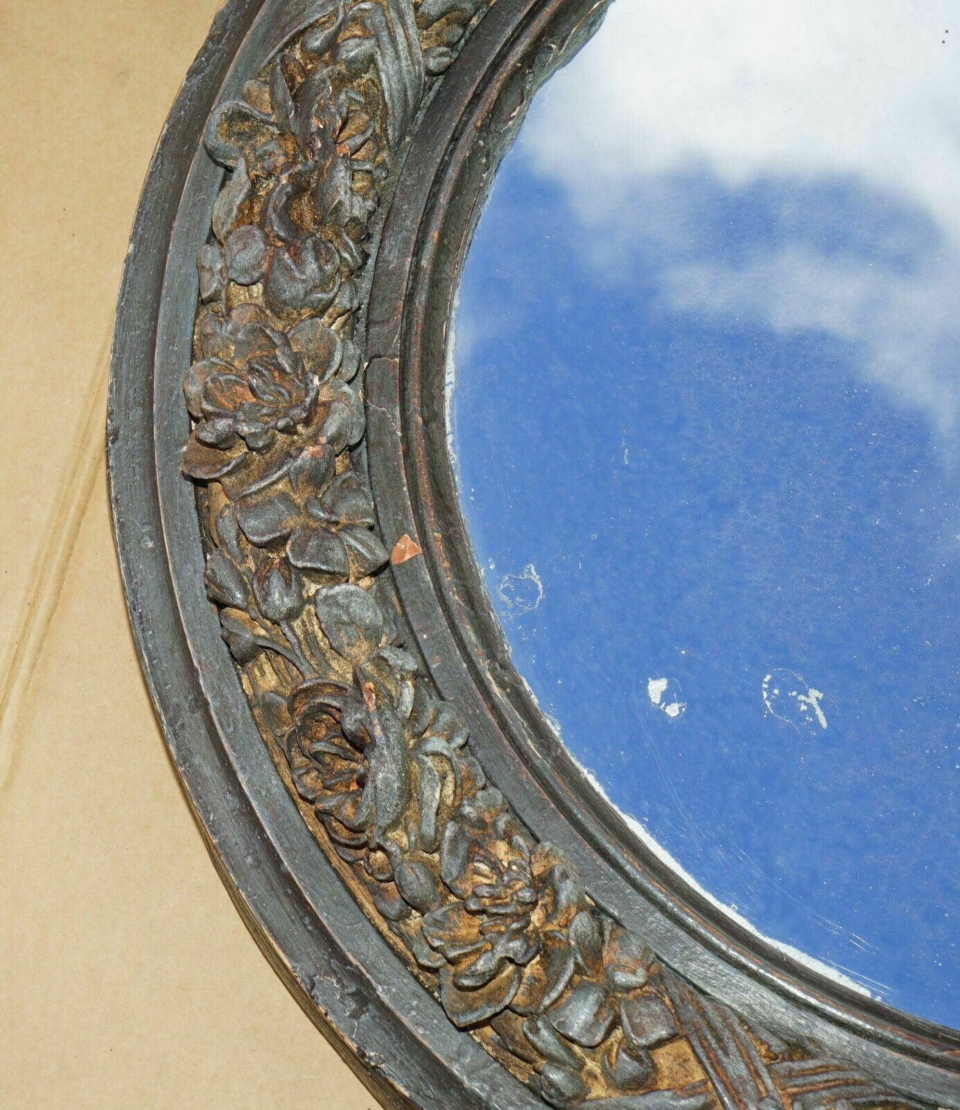 photo buy Pair Of Original Antique Foxed Glass Heavily Carved Period Paint Wall Mirrors