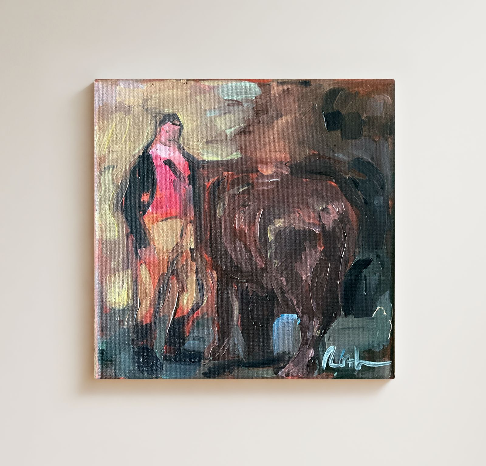 Original Oil Painting Man And Horse Signed Roth 8 X 8 Inches Art Gift Landscape
