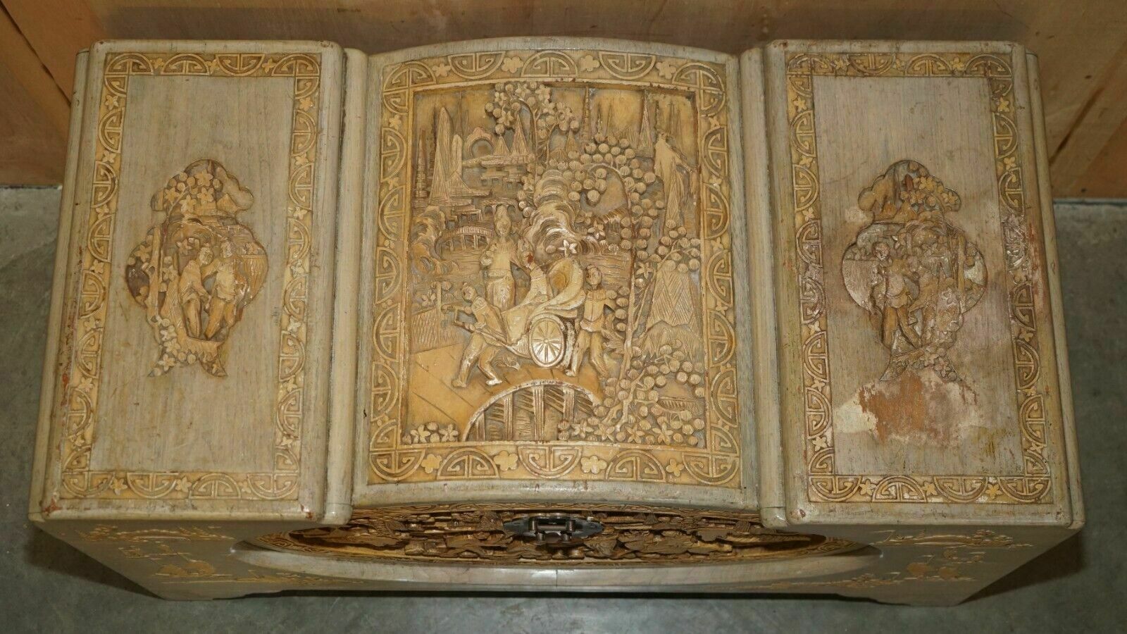 Antique Circa 1920's Chinese Export Heavily Carved Camphor Wood Linen Toy Chest photo vinterior