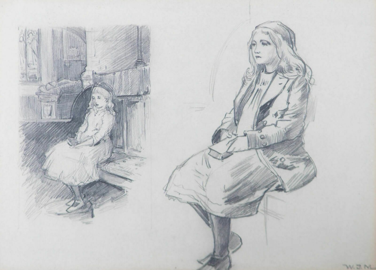 W.J.M Early 20th Century Graphite Drawing, Portrait Studies photo furniture