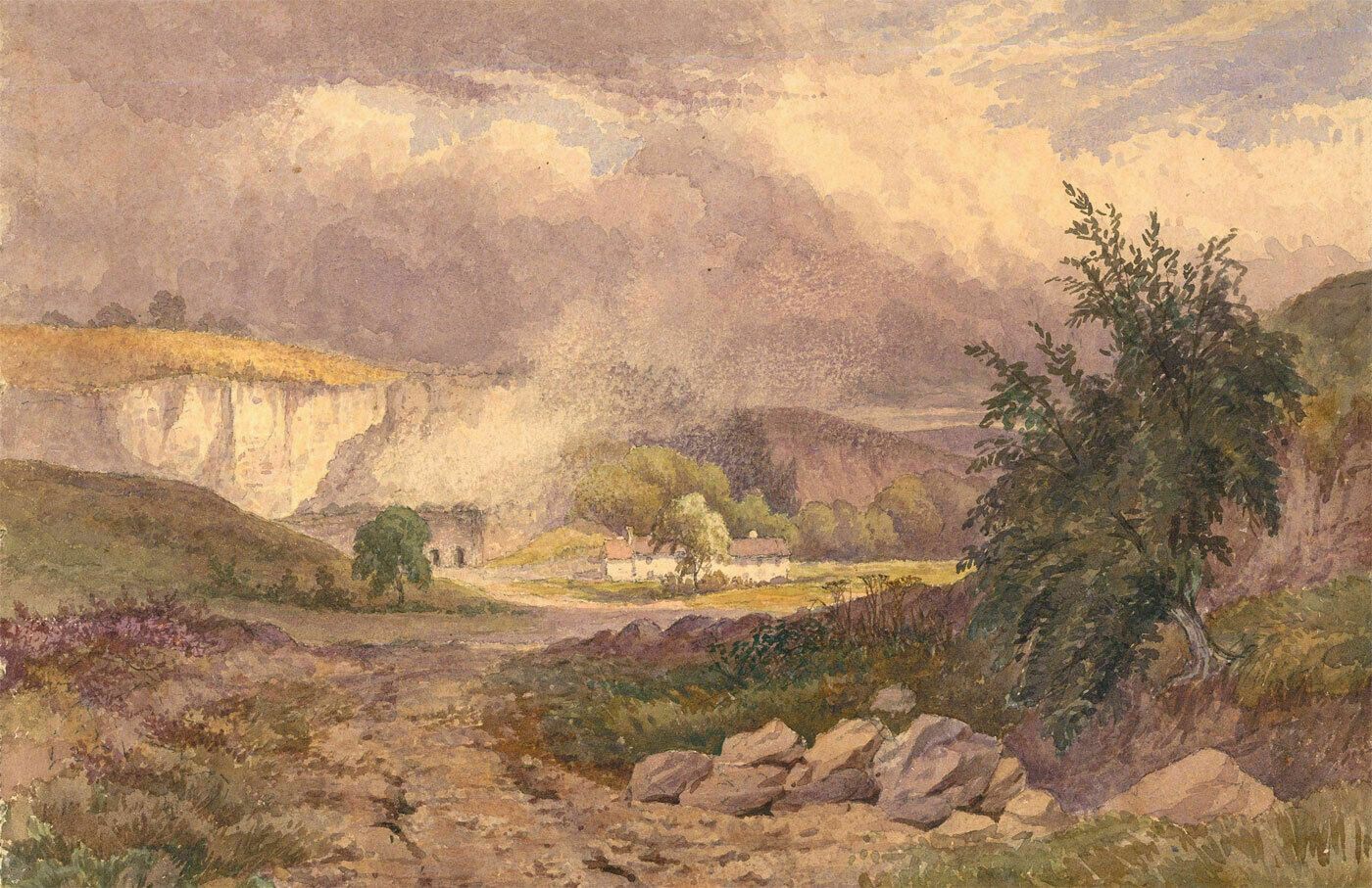 1889 Watercolour Farmhouse In The Hills