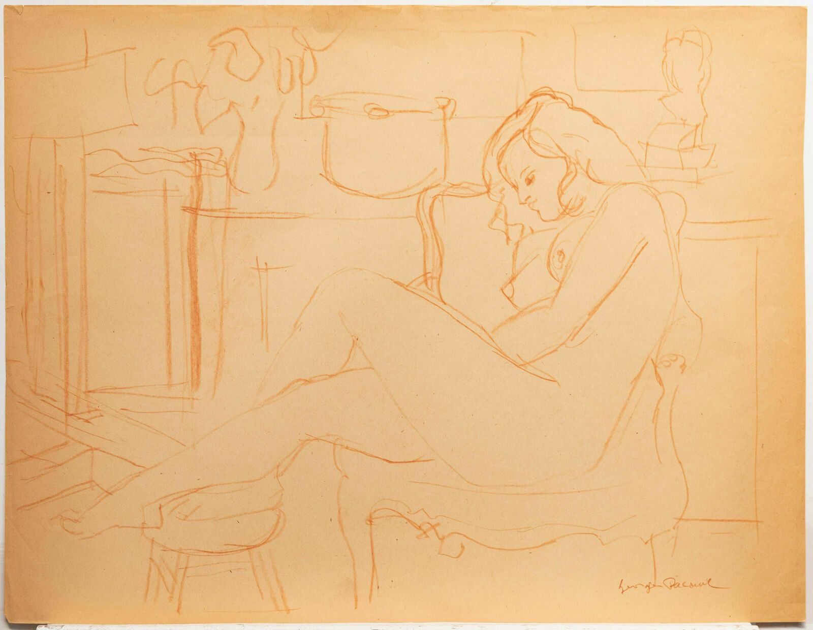 Georges Pacouil (1903 1996) Mid 20th Century Pastel, Nude In Chair photo furniture