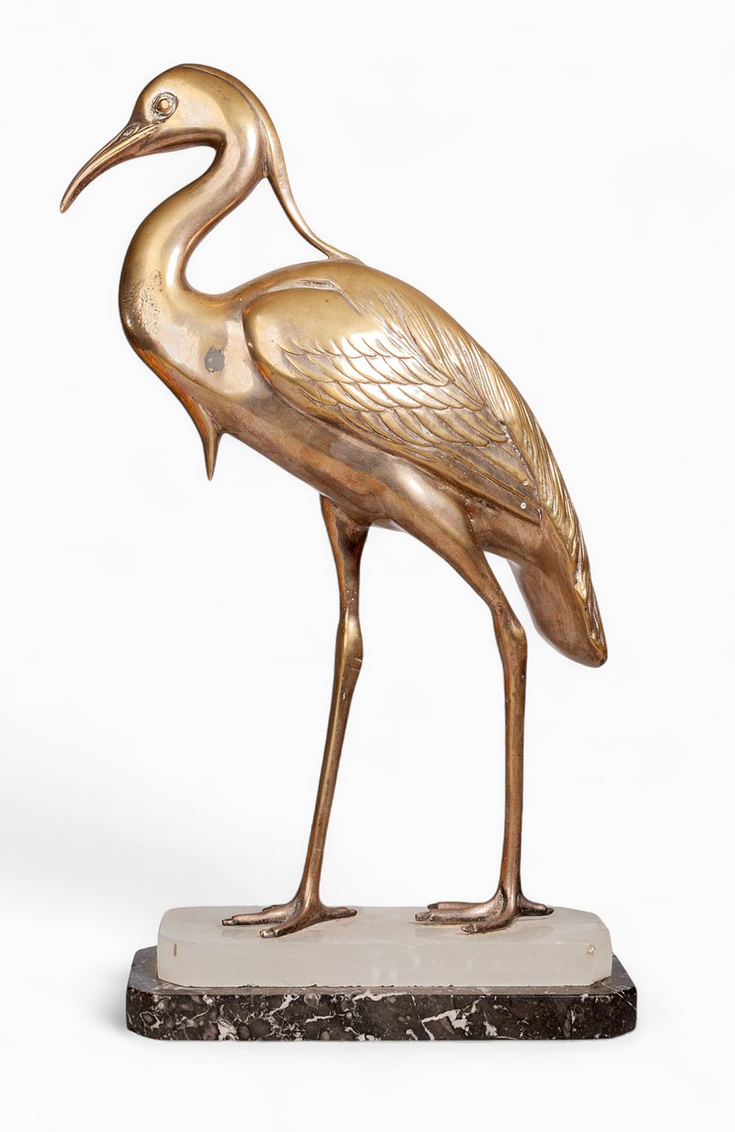 Art Déco Spelter Egret Sculpture With Marble And Alabaster Base Signed By Julcame Reg, France photo 1325.0
