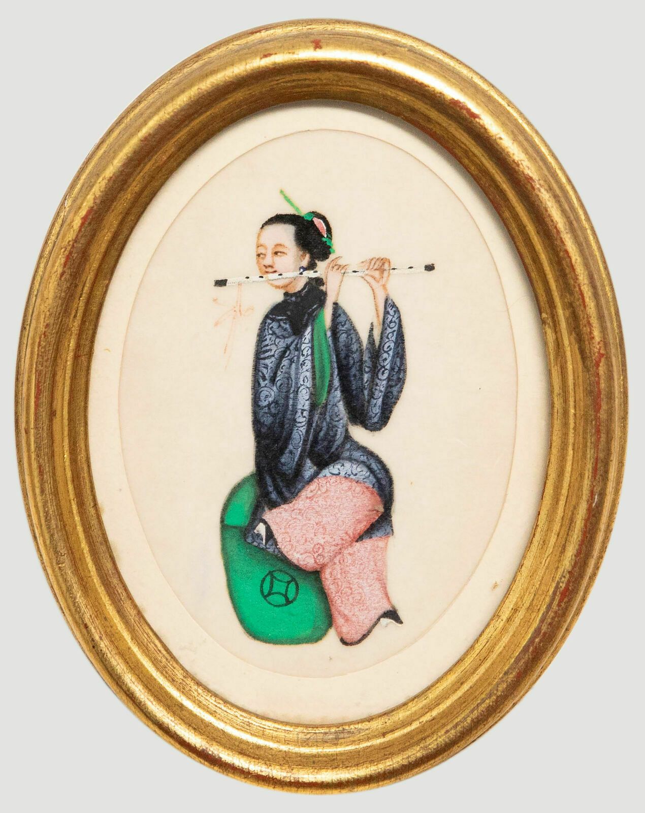 Chinese School 19th Century Watercolour Lady Playing A Dizi