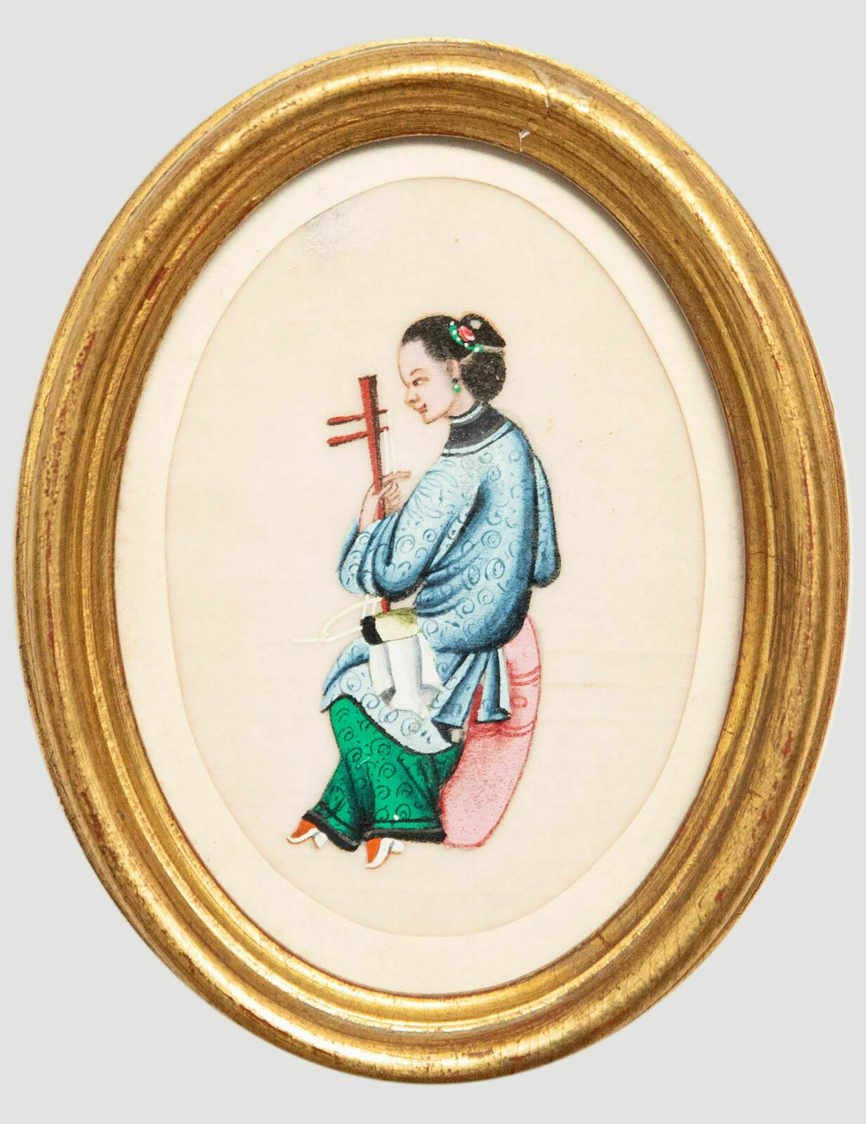 Chinese School 19th Century Watercolour Lady Playing A Jinghu