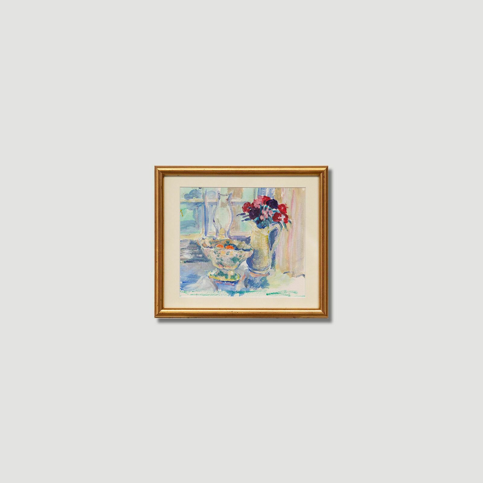 Rose Hughes Framed Contemporary Oil, Still Life Of Jug Flowers & Fruit photo vinterior