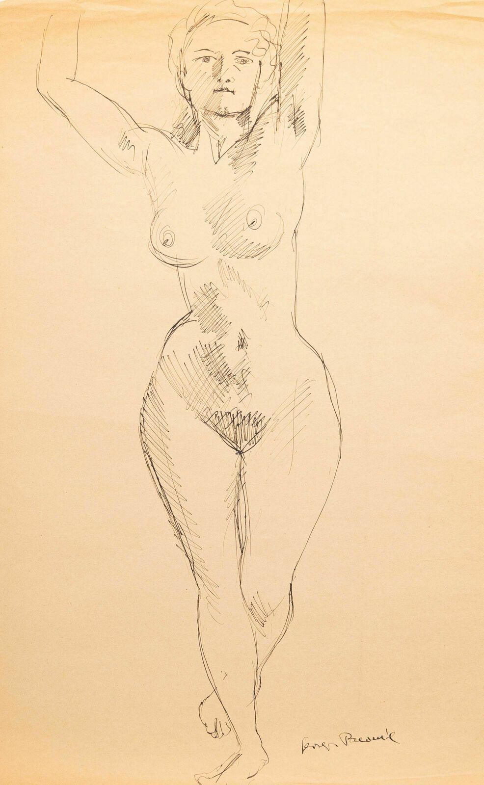 Georges Pacouil (1903 1996) Mid 20th Century India Ink, Stretching Nude