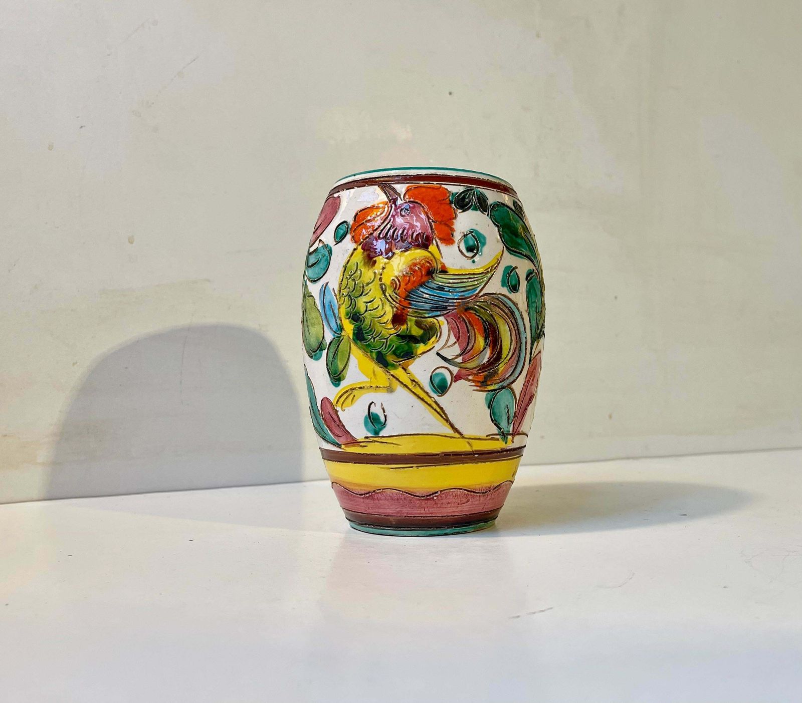 Vintage Italian Hand Glazed Majolica Vase With Rooster & Flowers photo furniture