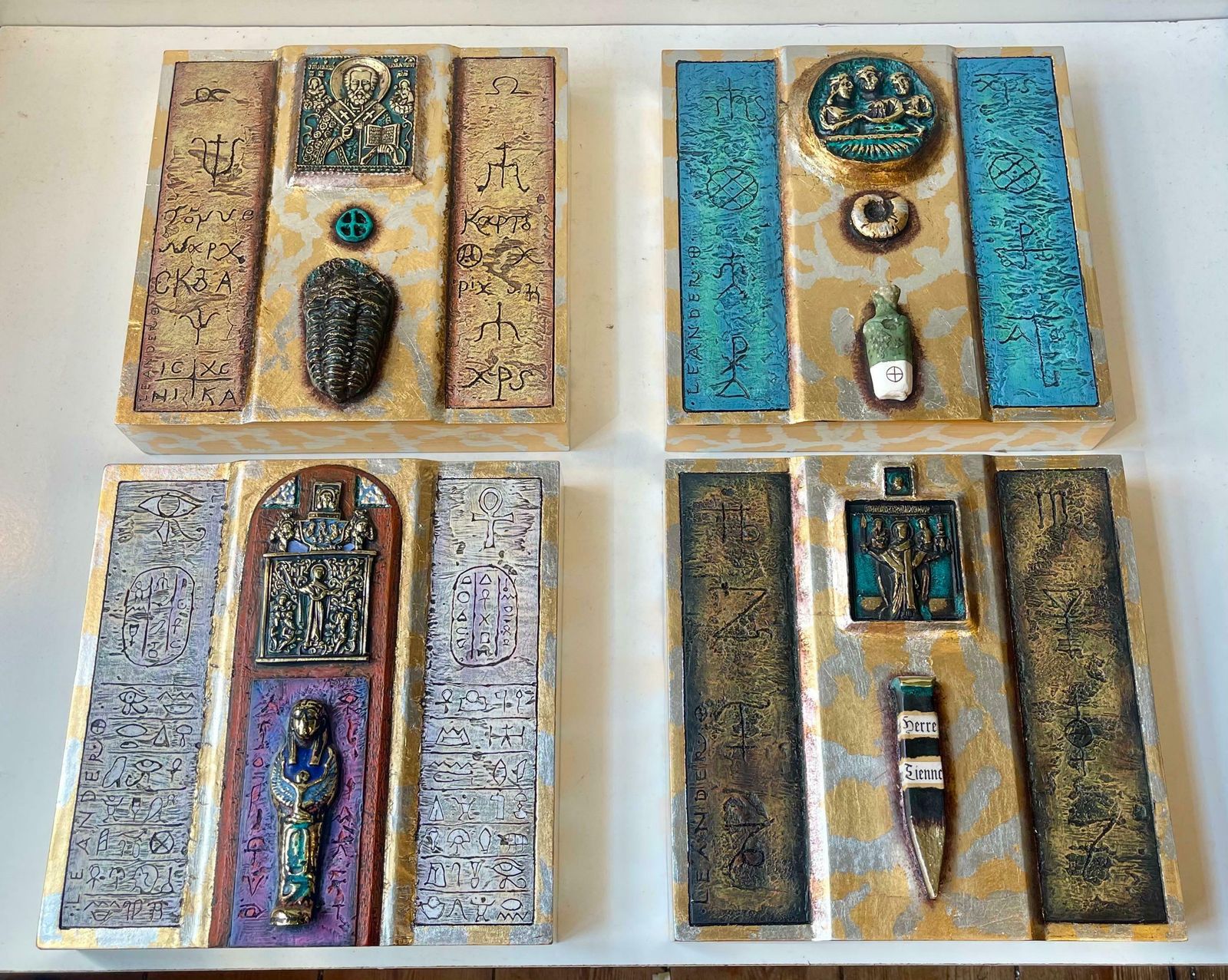 Modern Eclectic Icons In Ceramic & Bronze, Wall Hung, Set Of 4 photo for sale