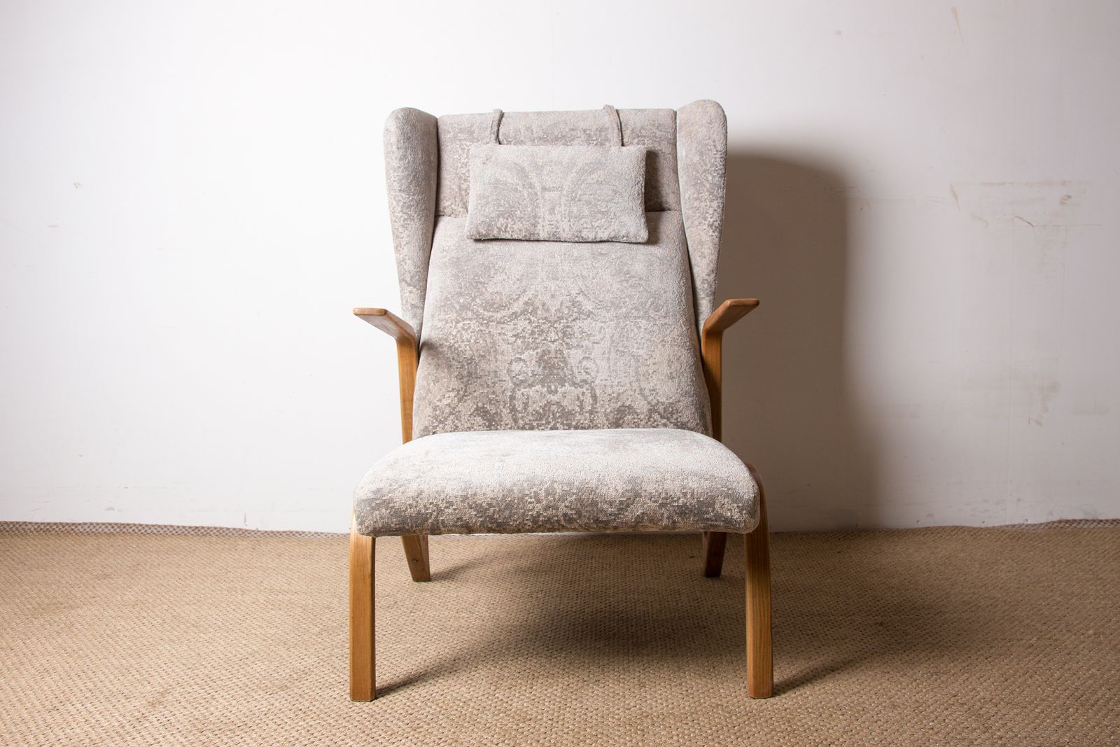Large High Armchair In Curved Beech And Recent Fabric Konkav Model By Paul Bode For Federholz photo for sale