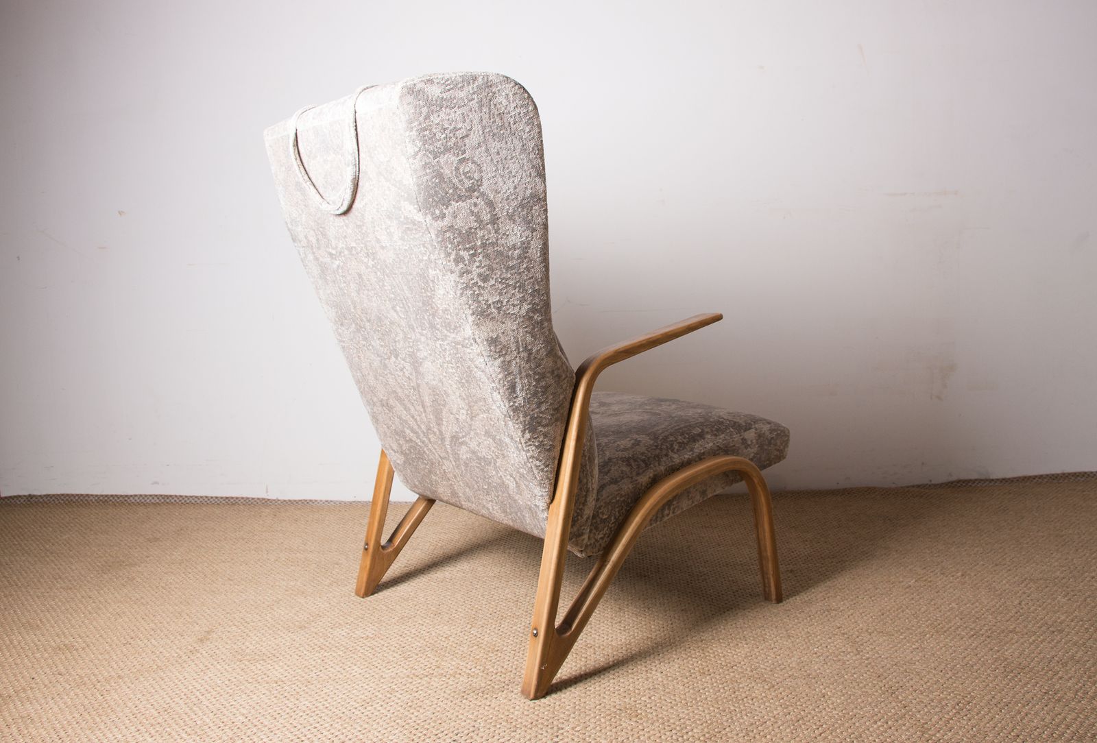 photo for sale Large High Armchair In Curved Beech And Recent Fabric Konkav Model By Paul Bode For Federholz