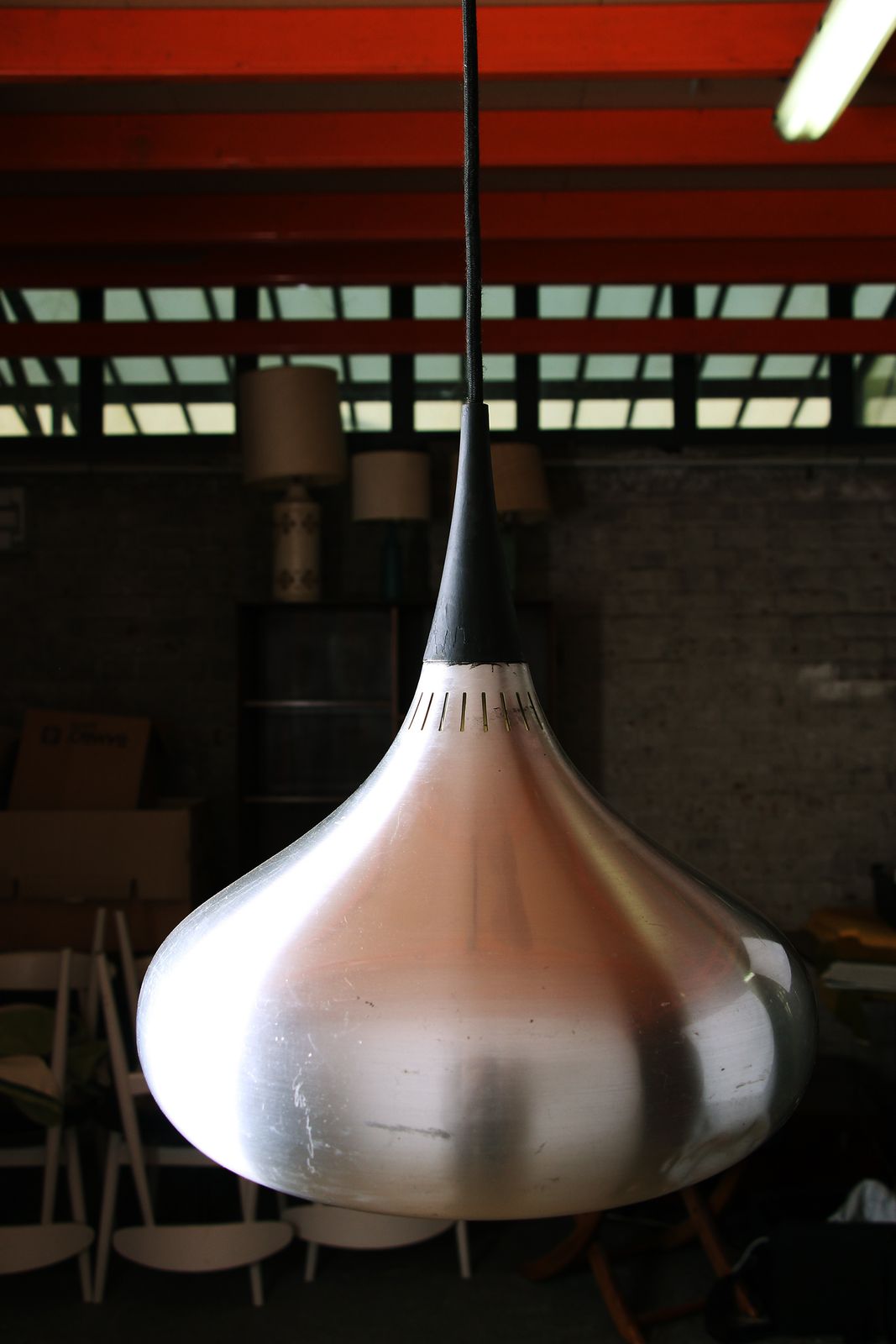Lighting Large Danish Chrome Metal Pendant Light, Orient Model By Jo Hammerborg For Fog & Morup 1960. photo