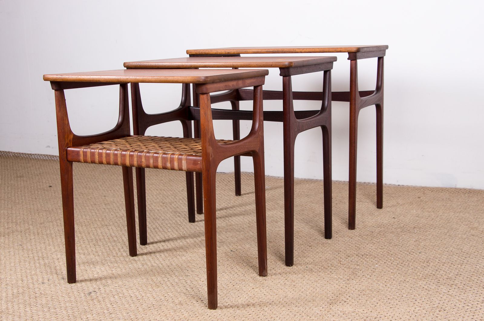 Set Of Three Danish Nesting Tables In Teak And Cane By Erling Torvits For Heltborg Mobler 1960