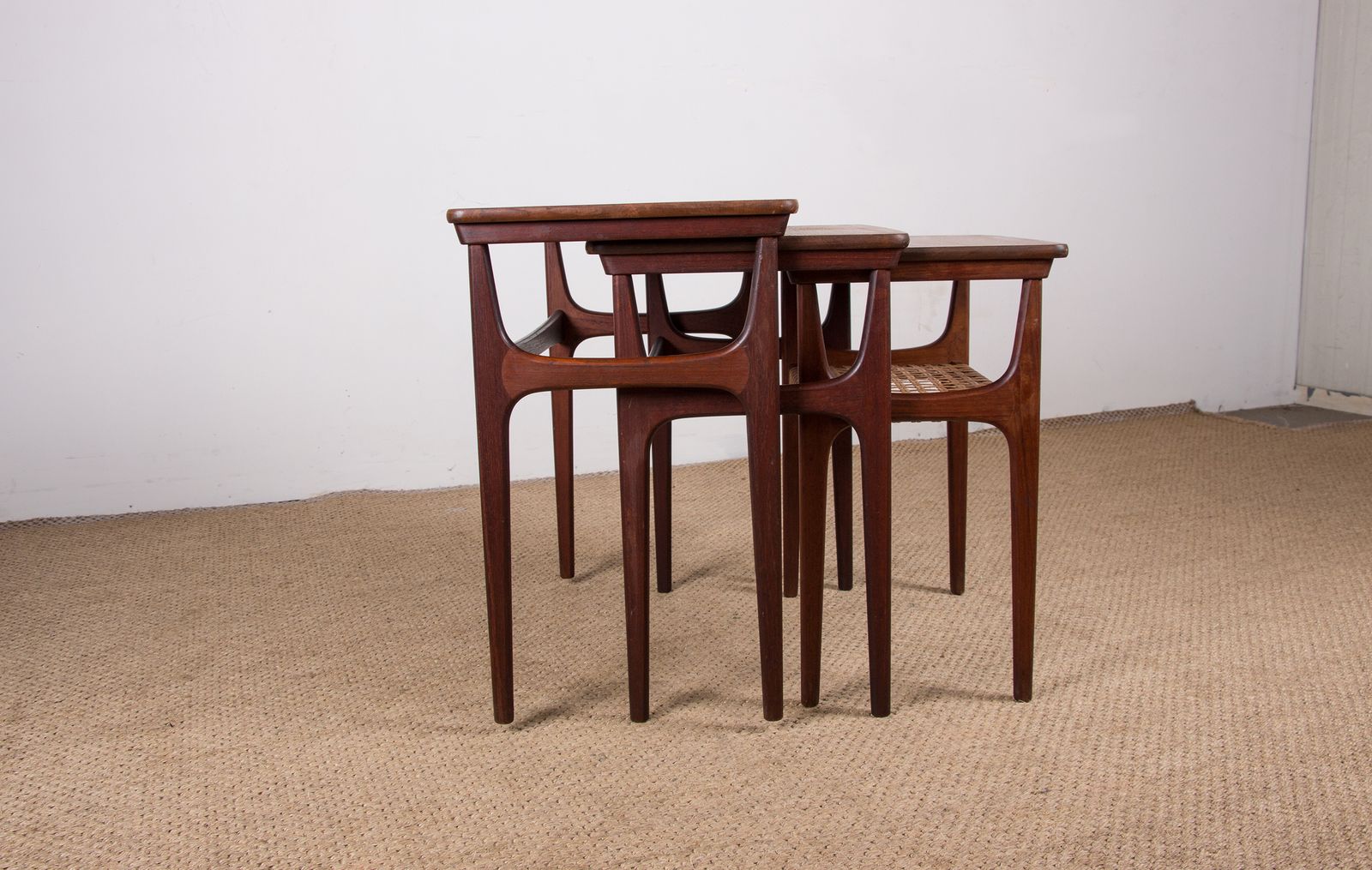 Set Of Three Danish Nesting Tables In Teak And Cane By Erling Torvits For Heltborg Mobler 1960 photo vinterior