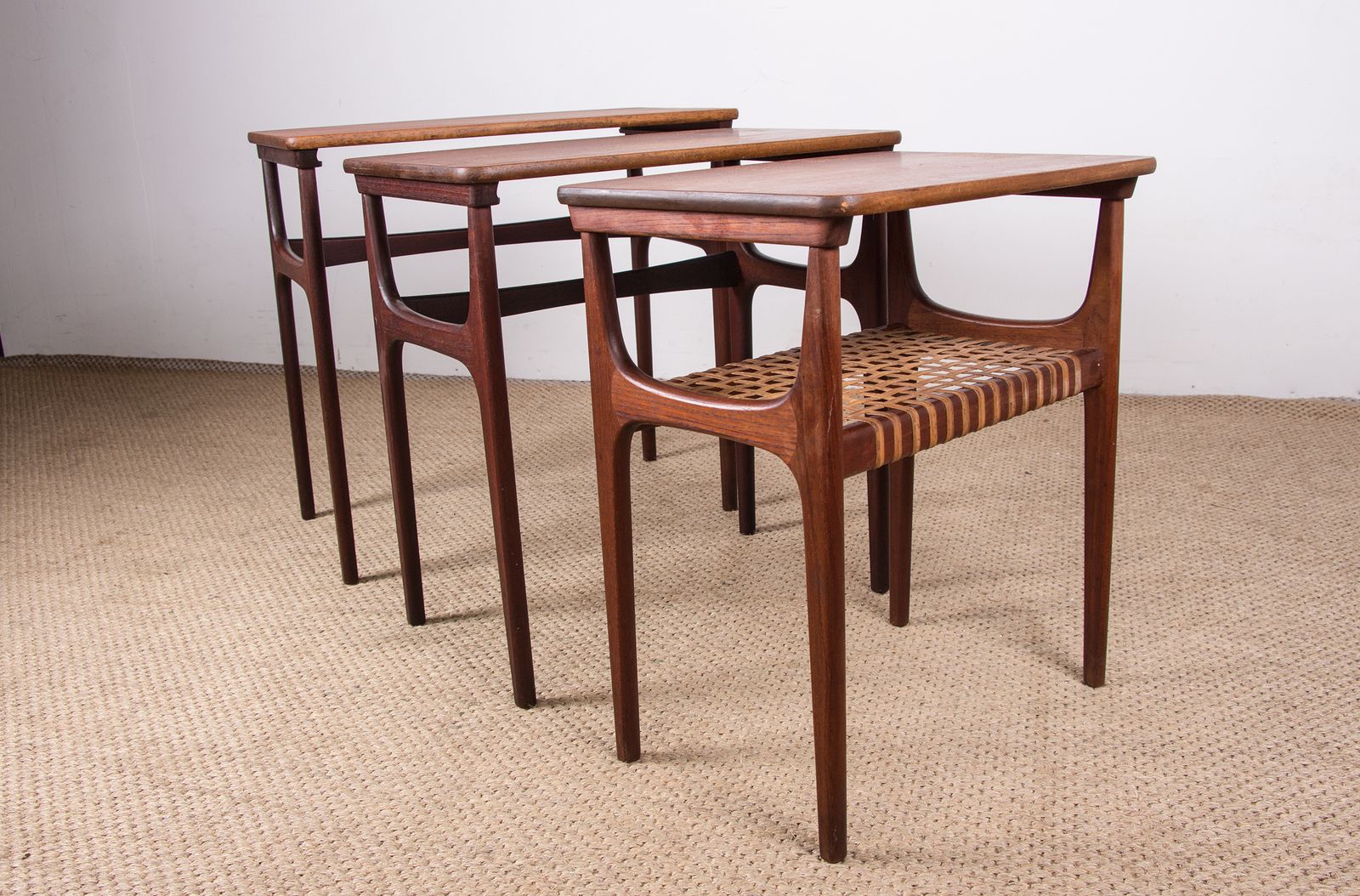 photo furniture Set Of Three Danish Nesting Tables In Teak And Cane By Erling Torvits For Heltborg Mobler 1960