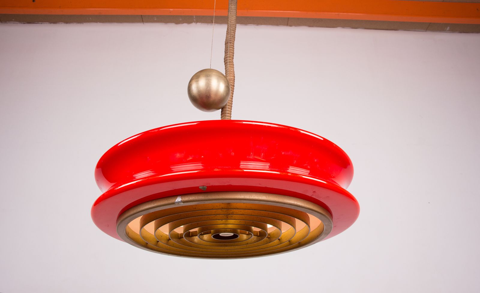 Large, Height Adjustable Pendant Light In Glass And Brass, Orion Model By Schwarz And Staff Leuchten 1965 photo for sale
