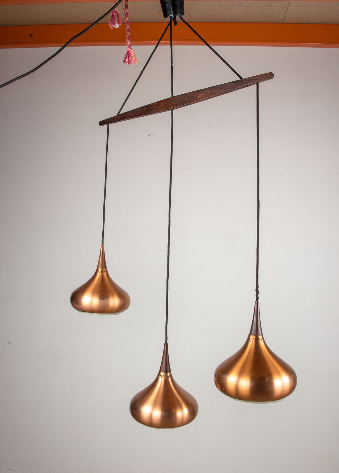 Large Danish Triple Pendant Lamp In Metal And Rosewood, Orient Model, By Jo Hammerborg For Fog & Mørup 1965.