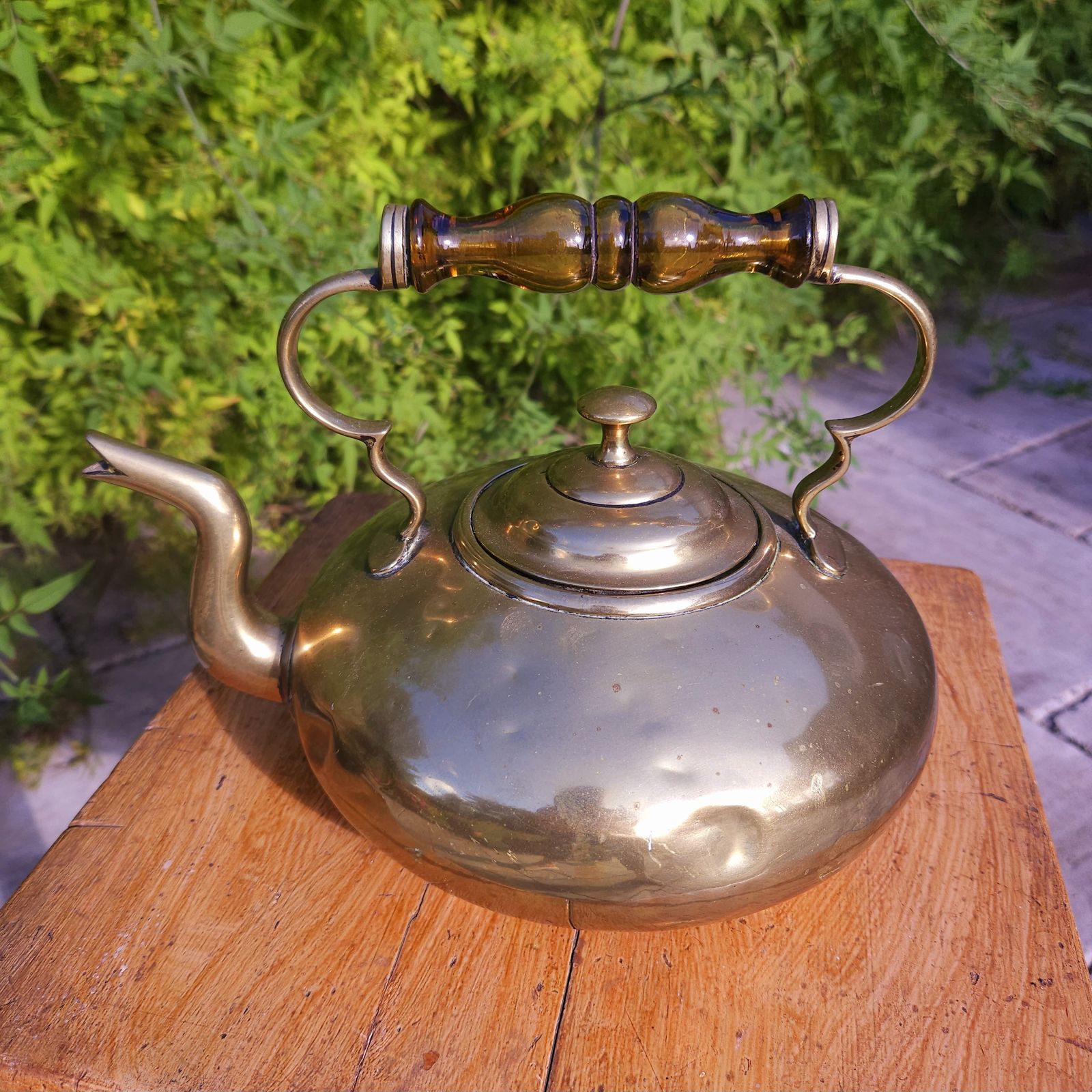 Antique Brass Kettle With Amber Glass Handle By J. Clews Of Birmingham photo 99.0
