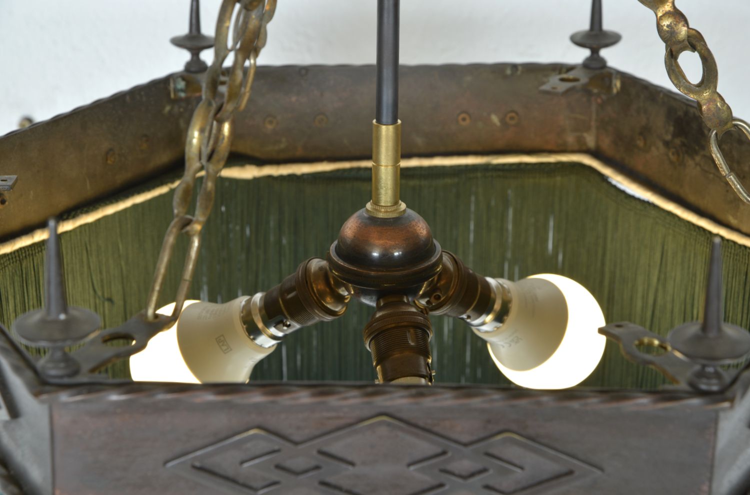 995.0 Gothic Revival Hexagonal Copper Green Tassel Fringe Pendant Light 1900s photo