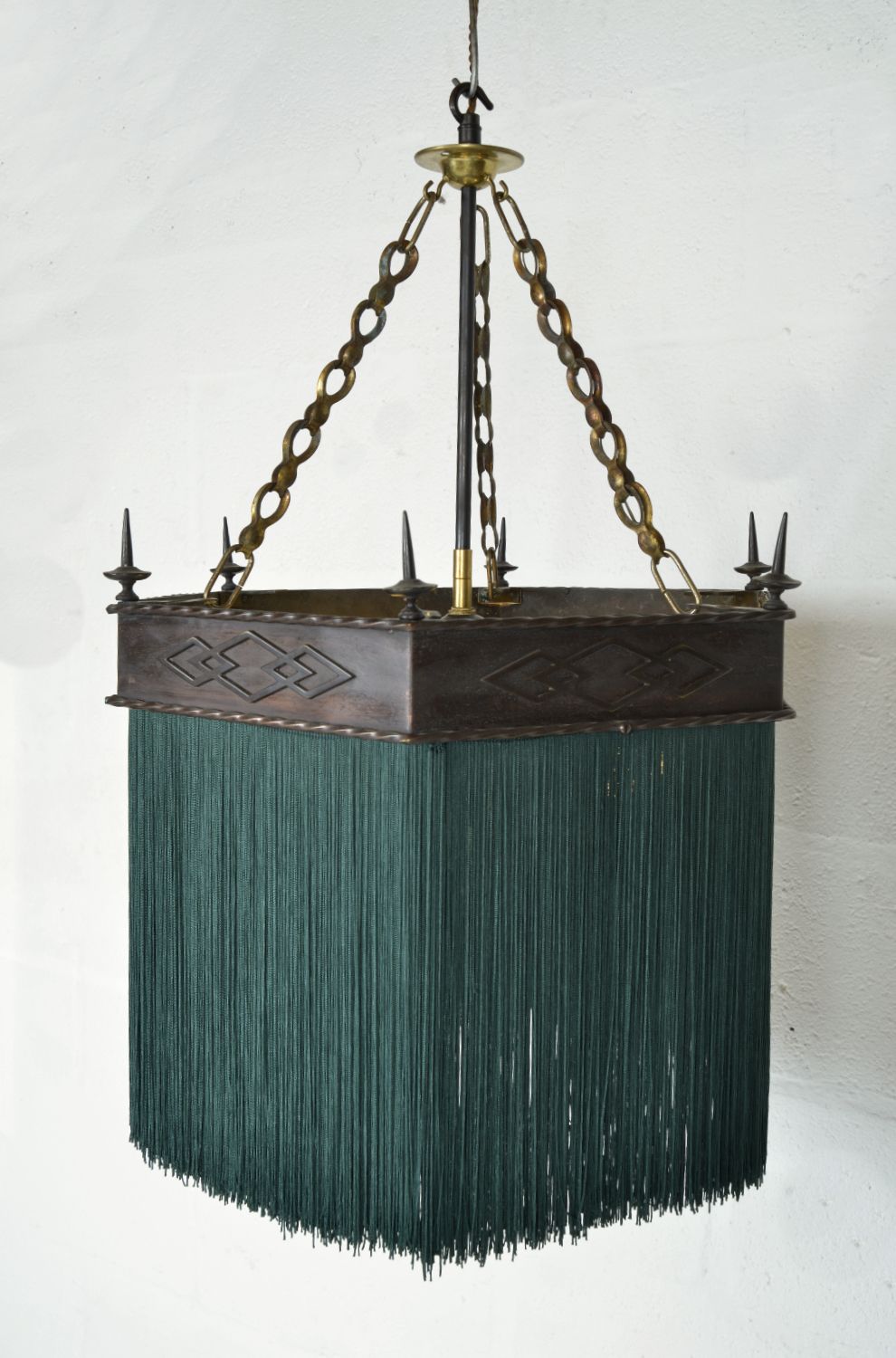 Gothic Revival Hexagonal Copper Green Tassel Fringe Pendant Light 1900s photo buy