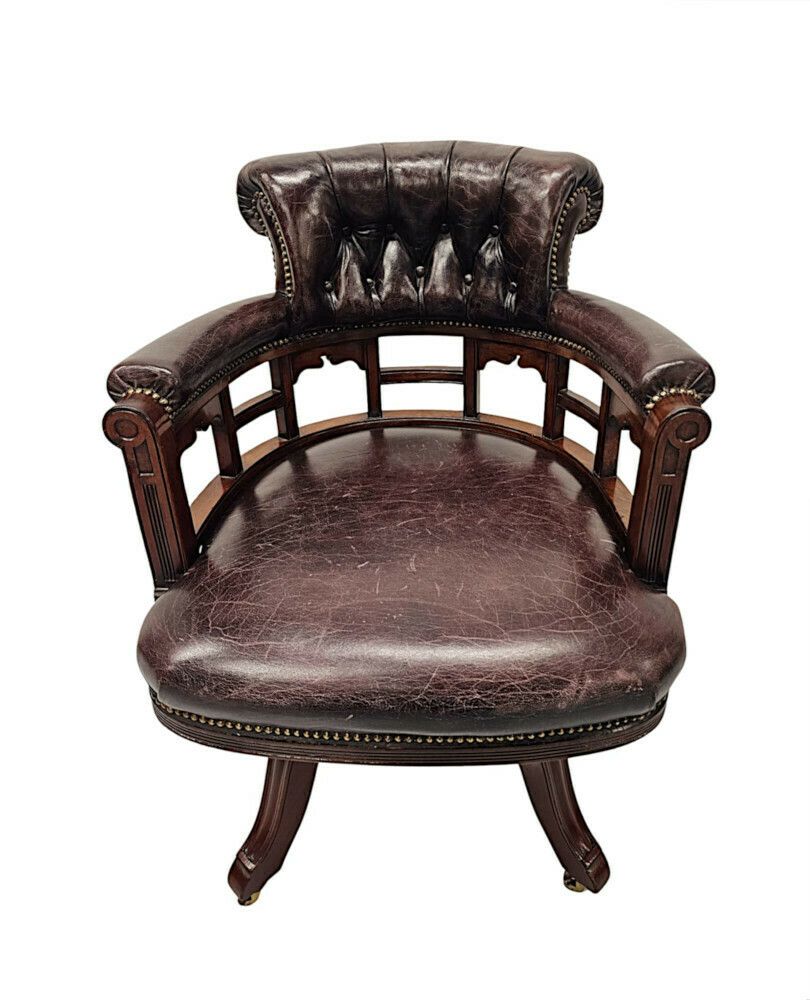 A Very Fine 19th Century Mahogany And Button Back Leather Revolving Office Or Desk Chair photo Furniture