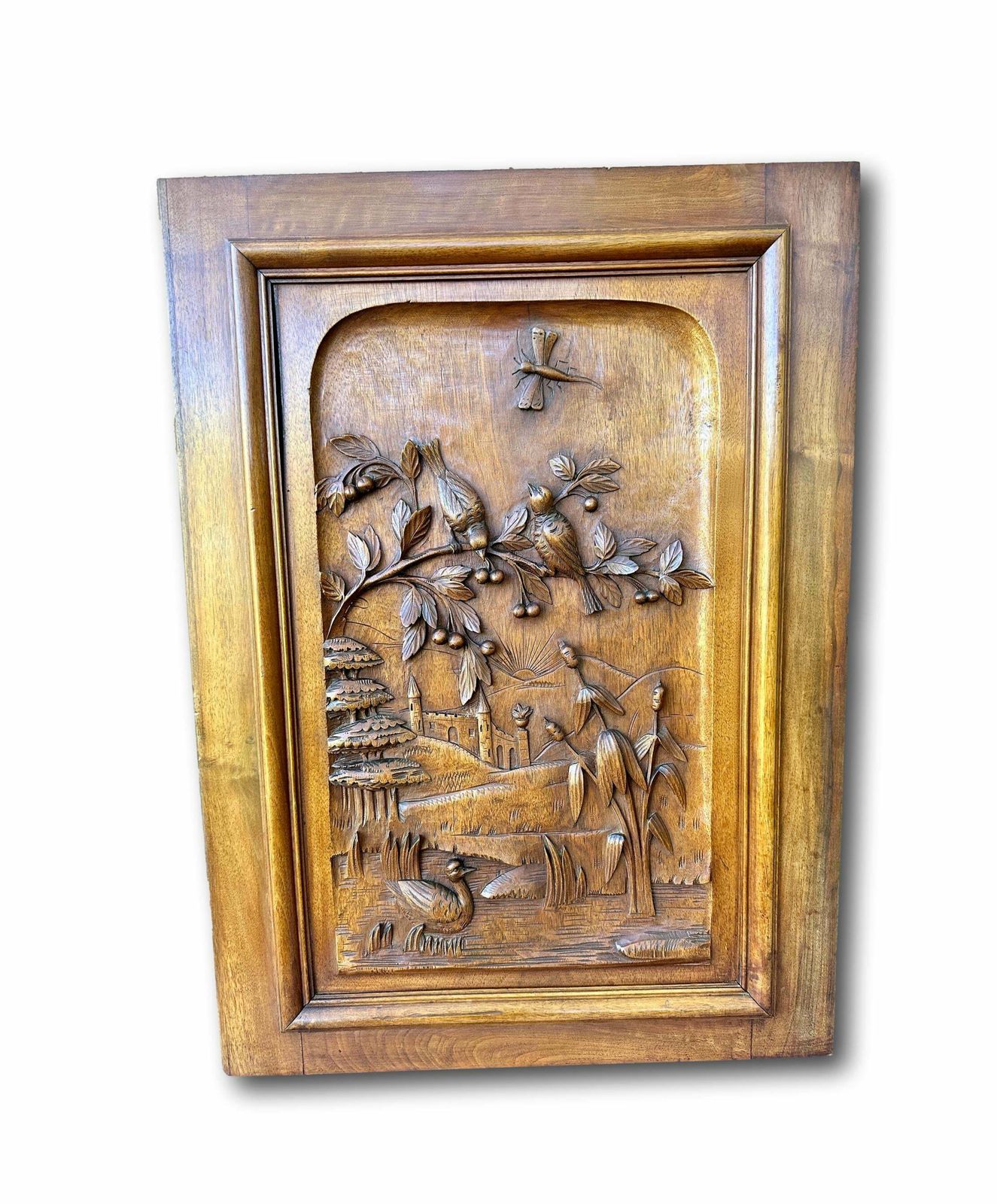 French Antique Carved Wood Cabinet Door Bird Castel