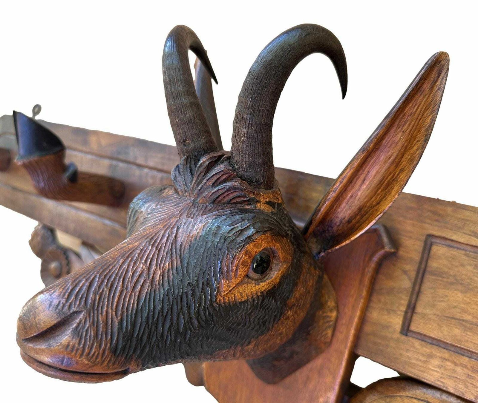 Antique Carved Coat Rack Chamois Black Forest Sulfide Eyes photo for sale