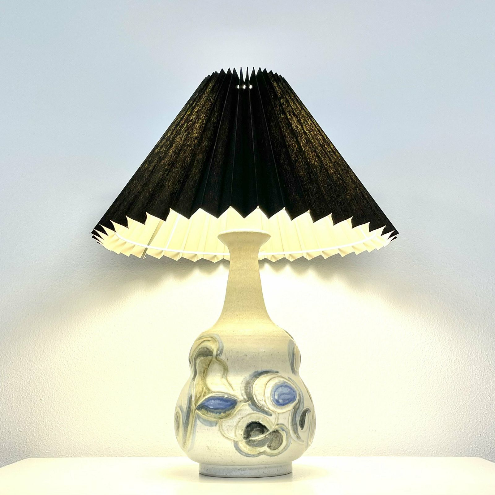 Exclusive Danish Design Ceramic Stone Ware Sculptural Modernist Mid Century Table Lamp With Eminent Glaze And Vintage Black Shade photo for sale
