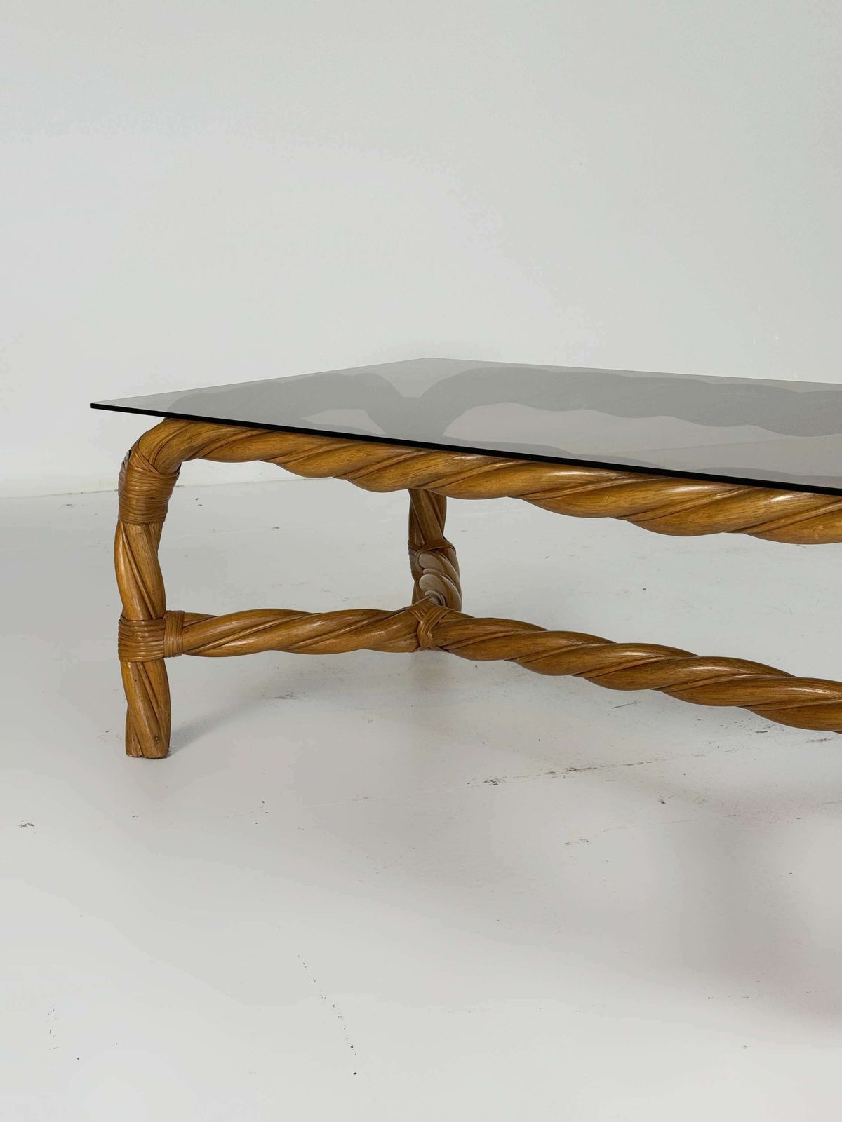Big Curled Rattan Coffeetable With Smoked Glass Top photo vinterior