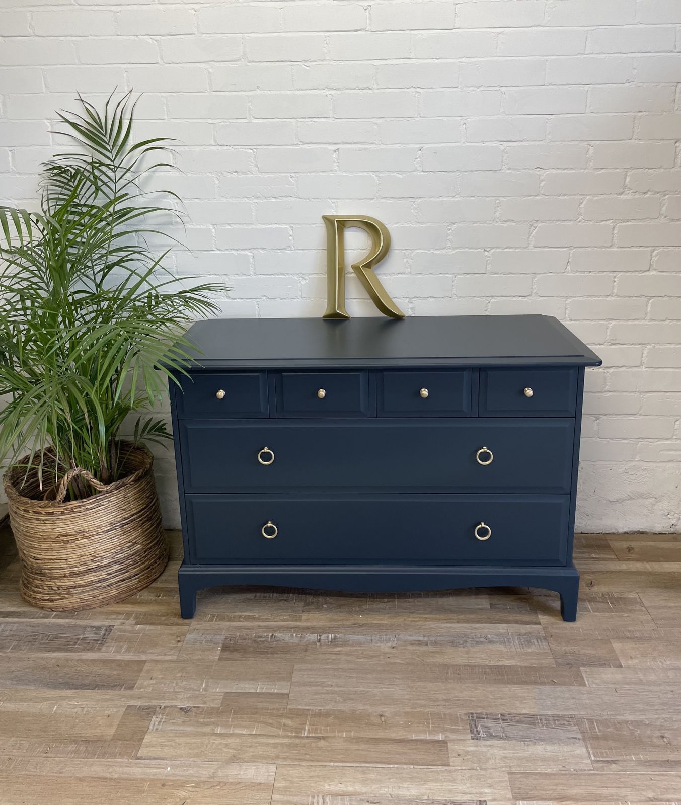 photo for sale Stag Minstrel 4 Over 2 Wide Chest Of Drawers Painted Midnight Ink