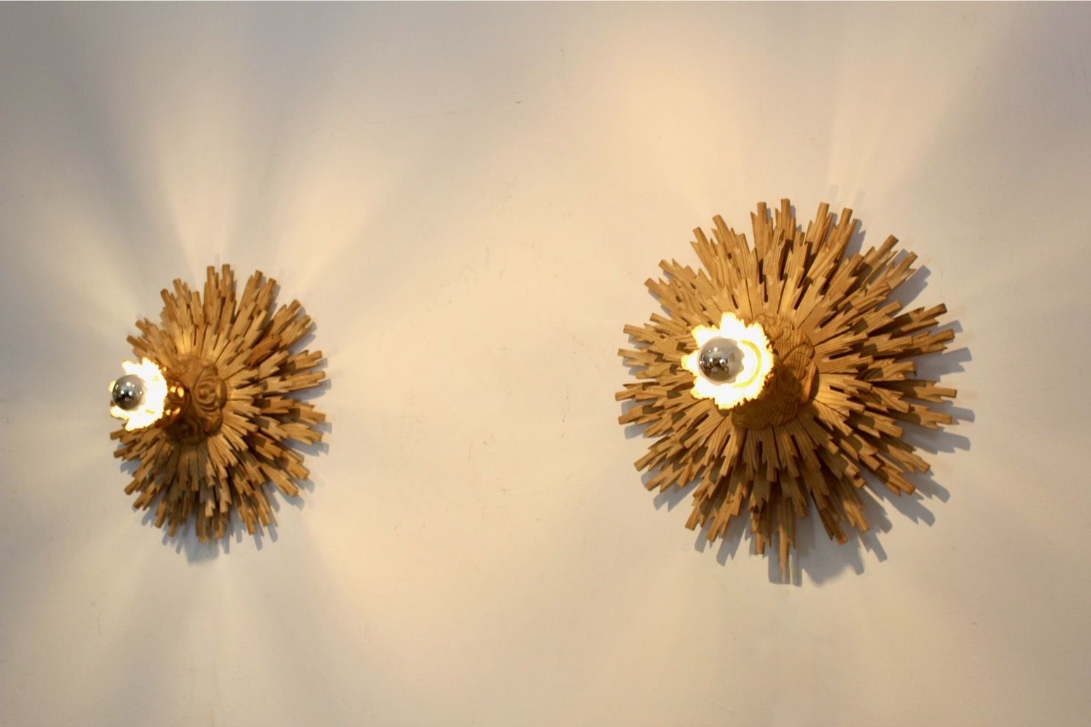 Natural Pair Of Large Carved Sunburst Wooden Sconces photo 2170.0