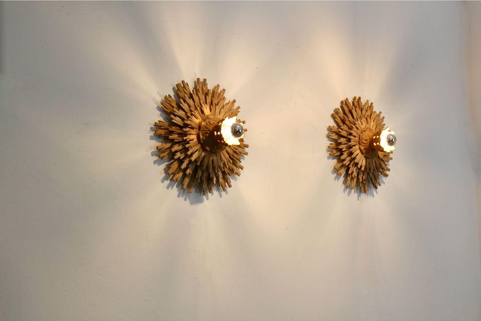 Natural Pair Of Large Carved Sunburst Wooden Sconces photo buy